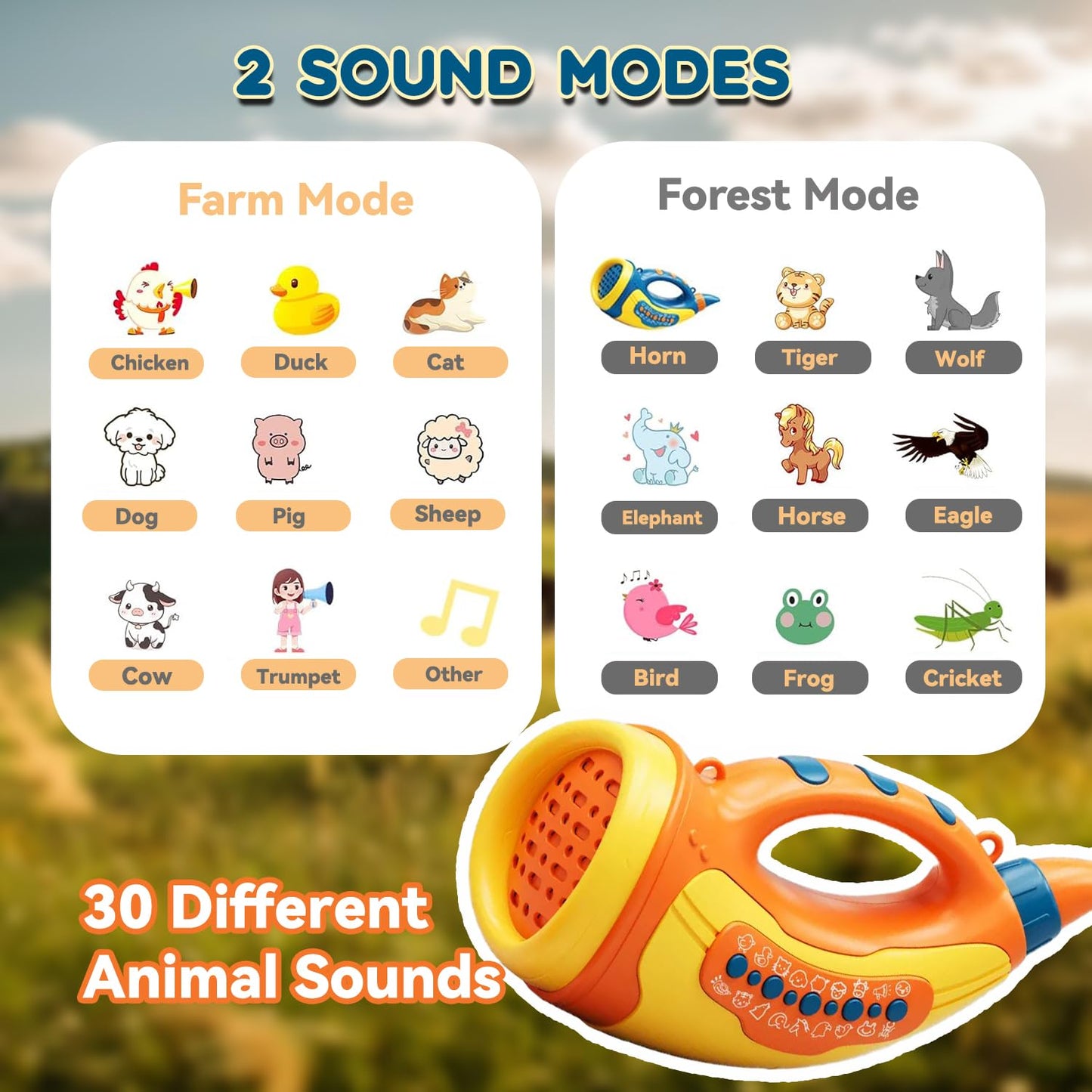 WDBZHYF Toys for 3 Years Old Boy Girl Birthday Gift, Music Animal Caller Toy with 30 Realistic Animal Sounds, Early Learning Toy for Kids Todlers with 8" Horn and 3-Level Lights (Yellow - Horn)
