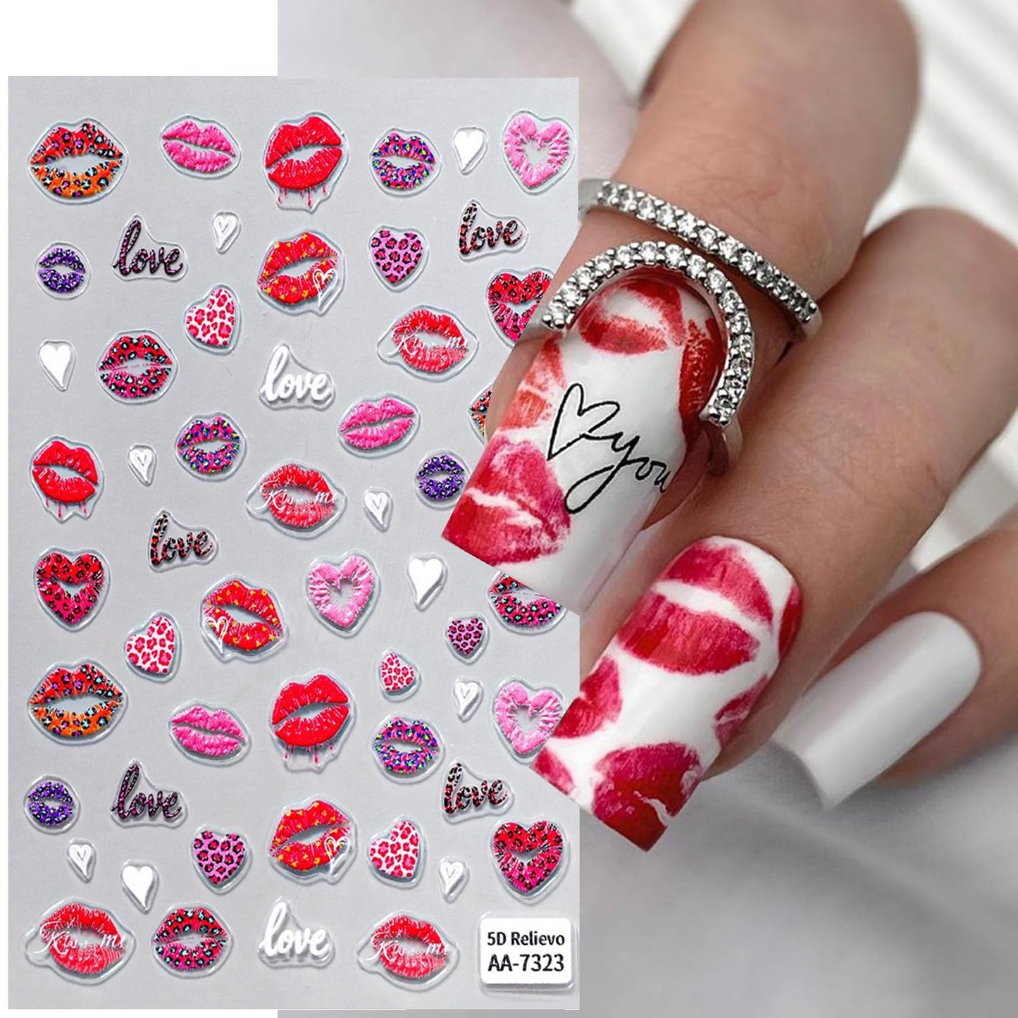 4Sheets 5D Valentine Nail Art Stickers Kit Romantic Valentines Style Red Lip Love Nail Design Decal with Adhesive Cute Hollow Heart Letter Bow Embossed Slider Decal for Wedding Perty Nail Charms Decor