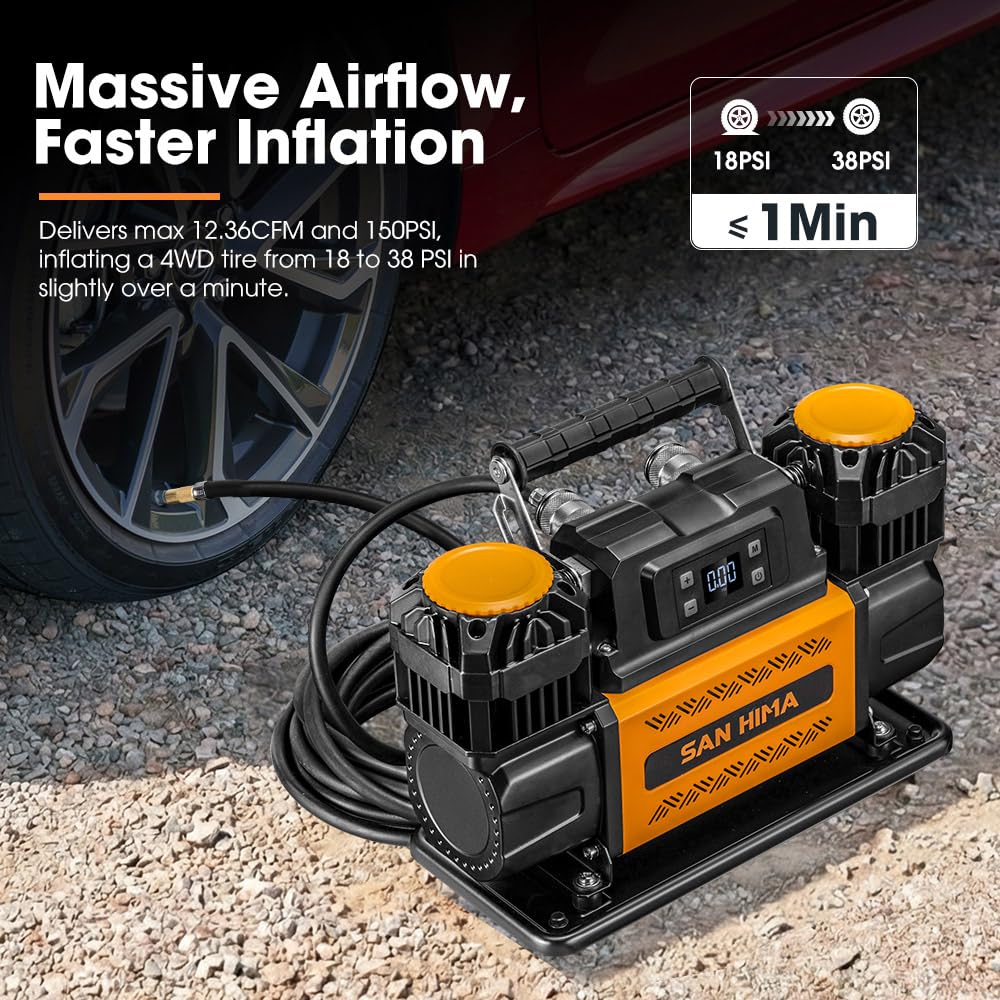 SanHima 12V Air Compressor - Dual Cylinder Portable Tire Inflator 12.36 CFM w/LED Screen, Offroad Air Pump Heavy Duty Max 150 PSI for 4x4 Vehicle RV Truck Tires