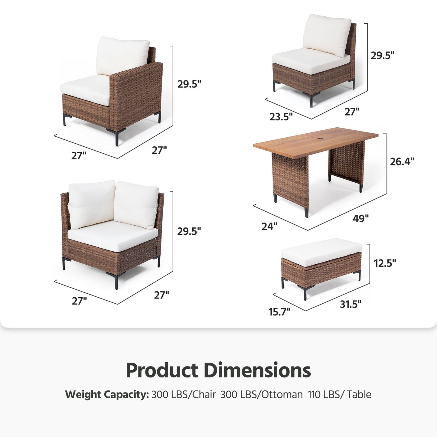 LAUSAINT HOME 8 Pieces Outdoor Patio Furniture Set, PE Wicker Sectional Conversation Sofa with Adjustable Backrests, Storage Ottoman & Wood Table with Umbrella Hole, Beige