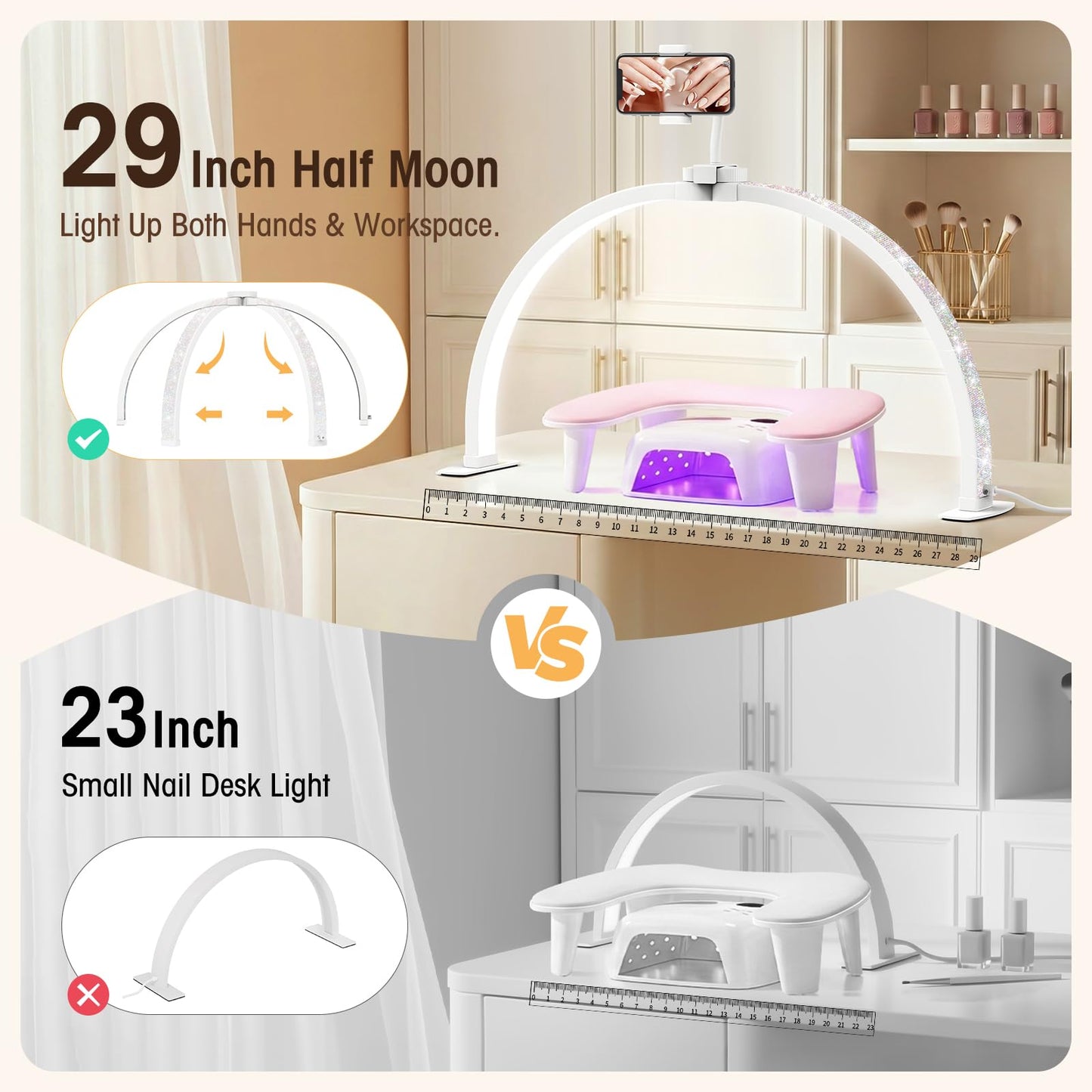 LIONVISON Half Moon Light for Desk: 29" Foldable Nail Light for Desk with Phone Holder - 3000K-6500K 3 Color Modes 10 Brightness for Salon Nail Technicians & Home DIY Manicure Enthusiasts (Diamond)