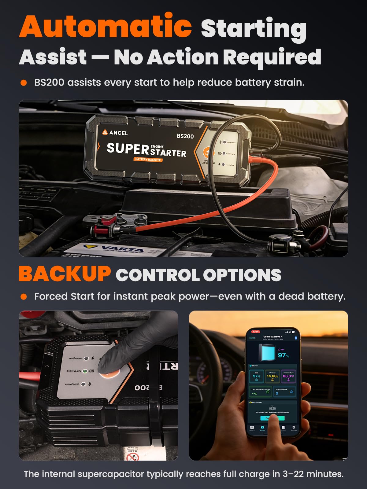 ANCEL BS200 Super Starter - Permanent Connected Starting System with Super Capacitor, Car Battery Jump Booster & Health Monitor via App, -40℉~176℉ in-Cabin Jump Box for 3.0L Vehicles