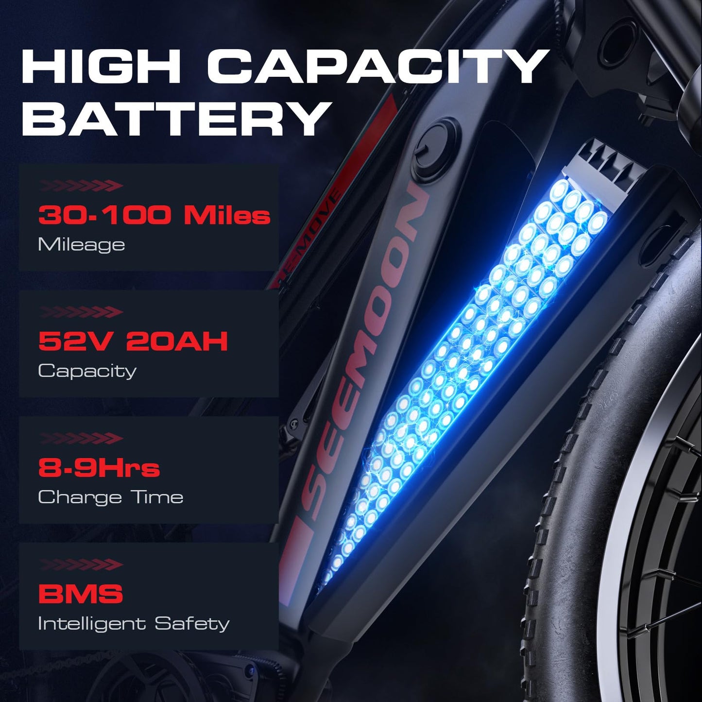 Seemoon Electric Bike for Adults, 52V 20Ah 26" Fat Tire Fast Ebike, up to 100 Miles, Hydraulic Brakes, Off-Road Mountain Hunting AWD Ebike for Men (Black)