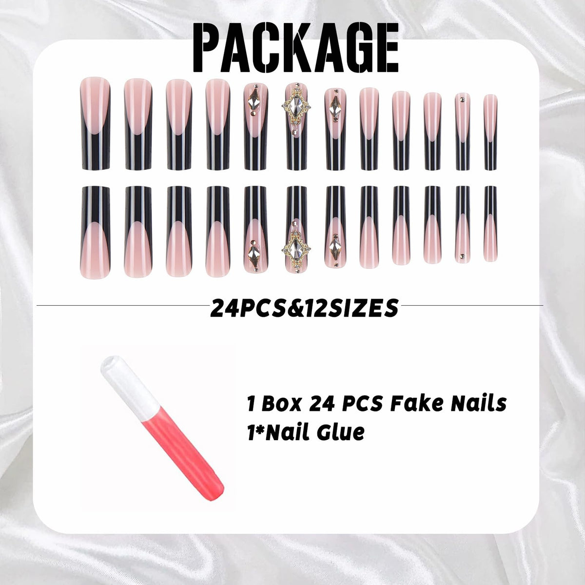 IMSOHOT French Tip Press on Nails Long Square Fake Nails with Golden Rhinestone Design Black Nail Tips Glossy Glue on False Nails Full Cover Stick on Nails for Women