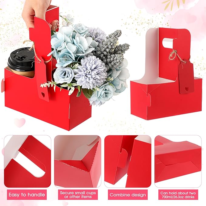 MotiMind 20 Pack Mother's Day 2 Cup Drink Carrier with Handle, Kraft Paperboard Teacher Cup Holder Portable for Hot Cold Drinks, Coffee Carrier Gift with Heart Card Rope (Red)