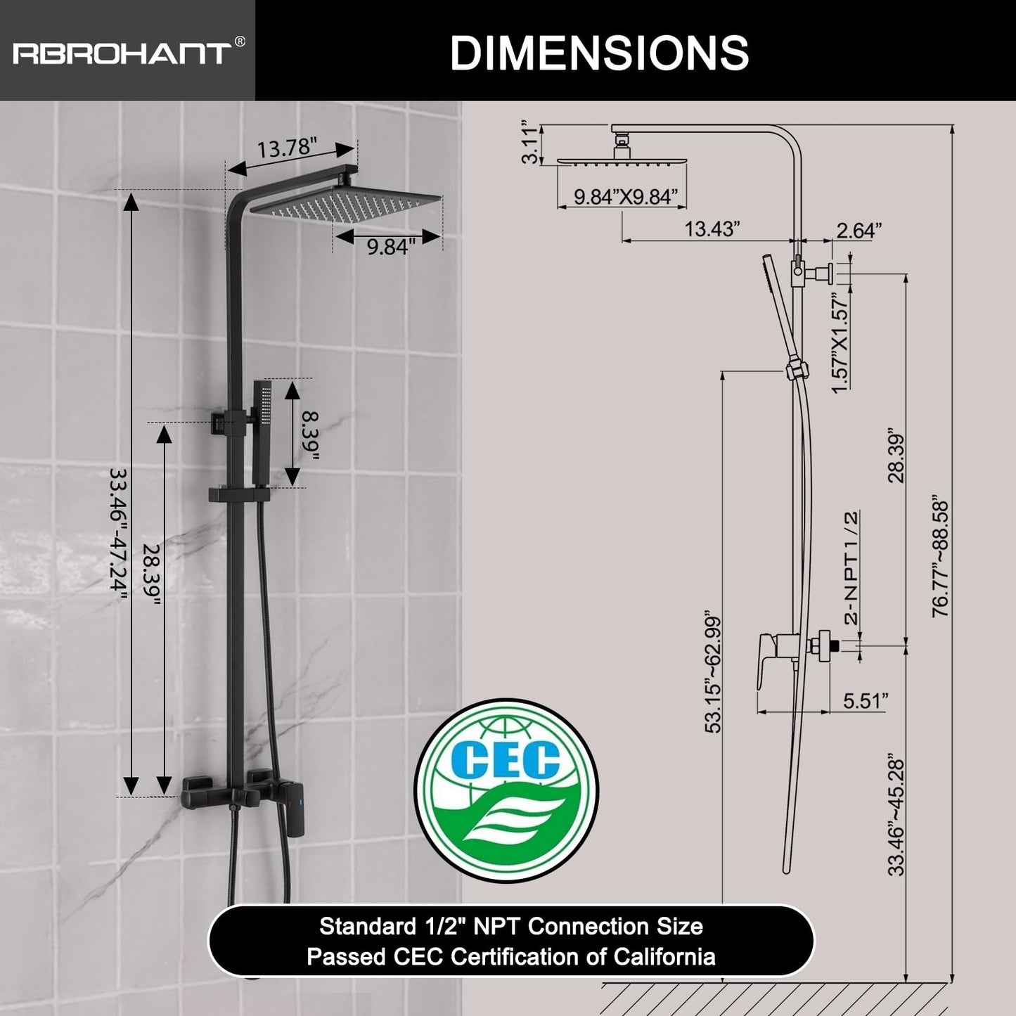 RBROHANT 3 Functions Exposed Shower System, Matte Black Exposed Shower Faucet Set, 10 Inch Rain Shower Head with Handheld and Tub Spout,Shower Height Adjustable, Wall Mounted