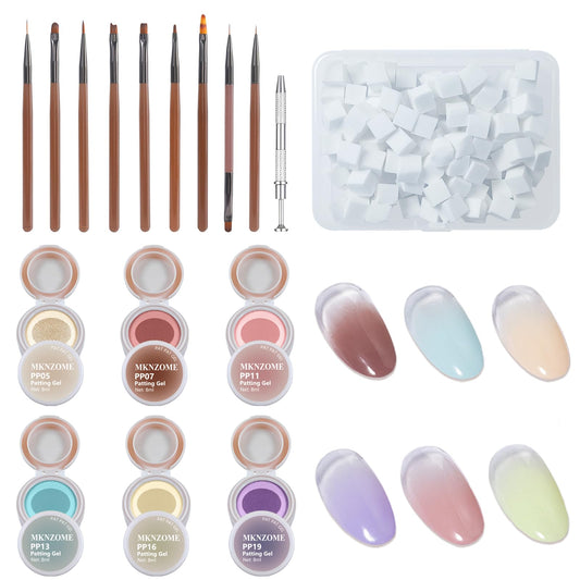 MKNZOME Patting Gel Polish Set, 6 Color Gradient Painting Gel Blooming Nails with Grabbing Pen, 100 Nail Sponges for Ombre, Nail Art Brushes, for Ombre French Manicure DIY Design, C