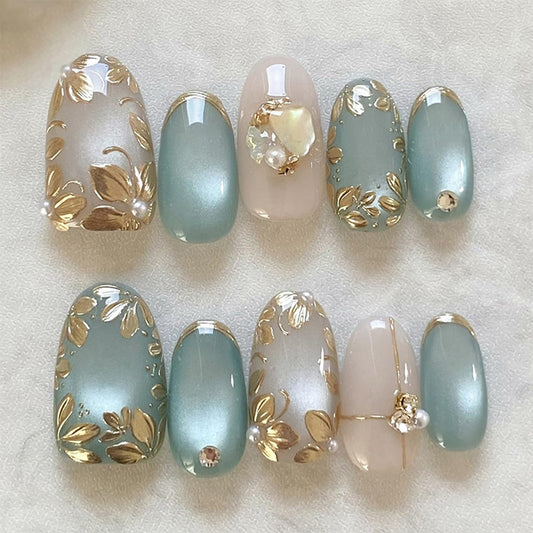 30Pcs Light Blue Press on Nails Medium Fake Nails Golden Leaf Almond Nails with Rhinestone Pearl Design Metallic Line French Manicure Tips Handmade Press on Cute Stick on Nails for Women