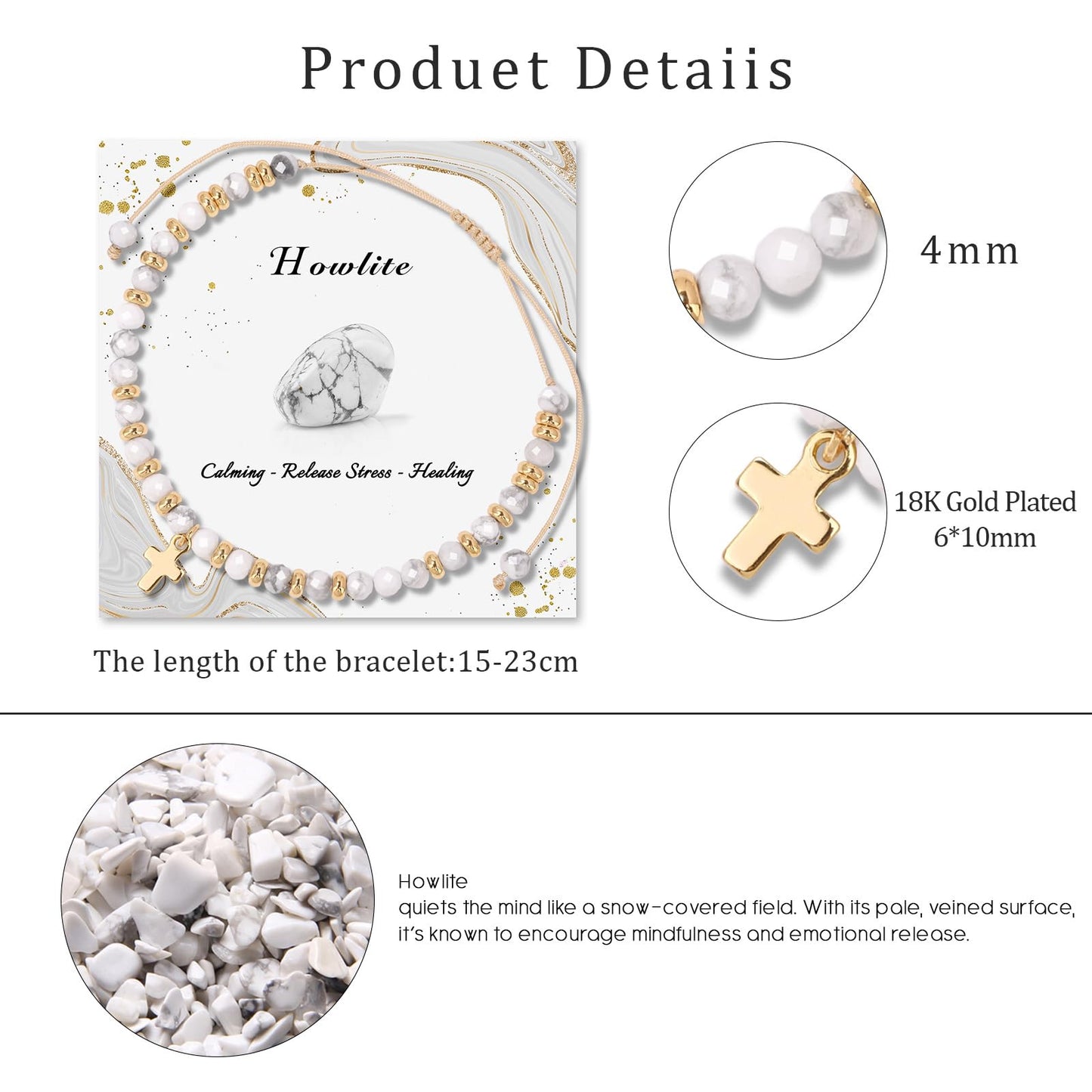 Raicegs Braided Howlite Cross Crystal Bracelet Natural Stone Beaded Bracelet for Women Faith Jewelry Healing Bracelet Christian Gifts for Women Religious Gifts