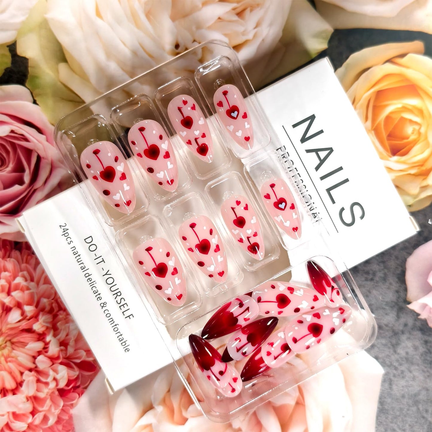 Heart Press on Nails Medium Almond Artificial Acrylic French Red Fingernails Red White Love with Cherry Design Coffin Nails Full Cover Glossy Valentines Glue on Nail Artificial Nail for Women Manicure