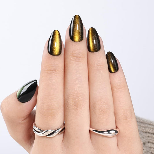 Gold Cat Eye Press On Nails - Gold Short Almond Fake Nails, Cateye Press On Nails Reusable Stick On Nails in 16 Sizes, 32pcs False Nail Kit for Women & Girls (Golden Cat Eye)