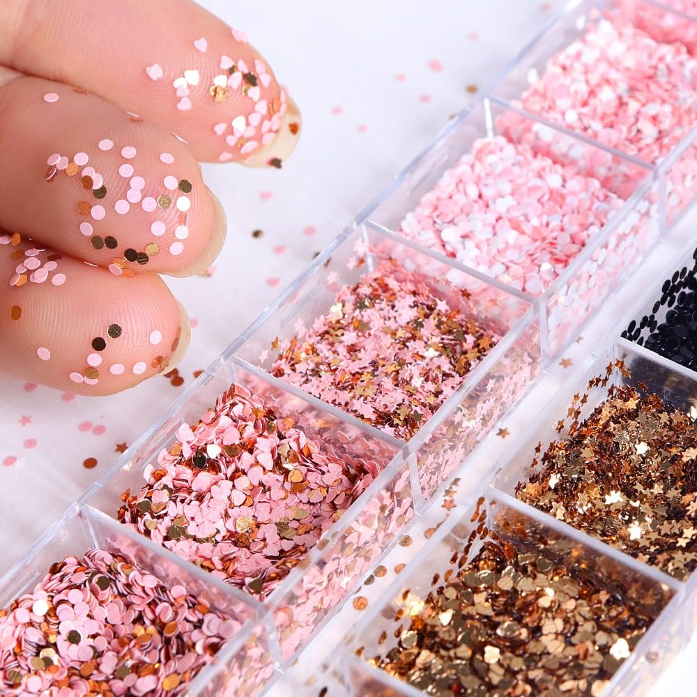 1 Box 4 Color Holographic Hearts Nail Glitter Round Star Nail Sequins 3D Pink Gold Nail Flakes Sparkly Glitter Flakes Shiny Nail Glitter Valentine's Day Nail Sequins Glitter for Nails Art 12 Grids