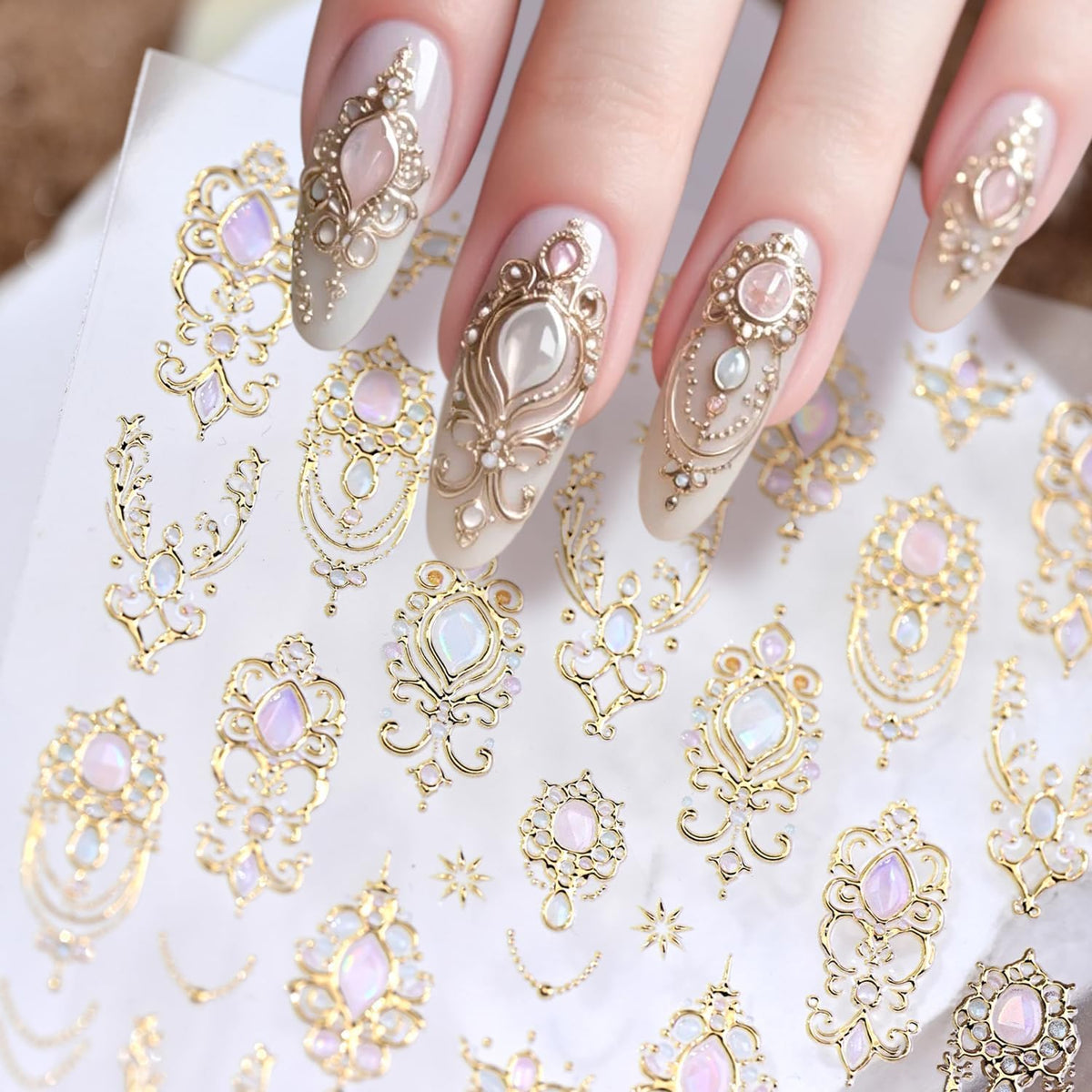 Gold Nail Stickers for Nail Art 5D Embossed Gemstone Nail Art Stickers Gold Mace Nail Decals Self-Adhesive Nails Design Supplies for Women Girls DIY Manicure