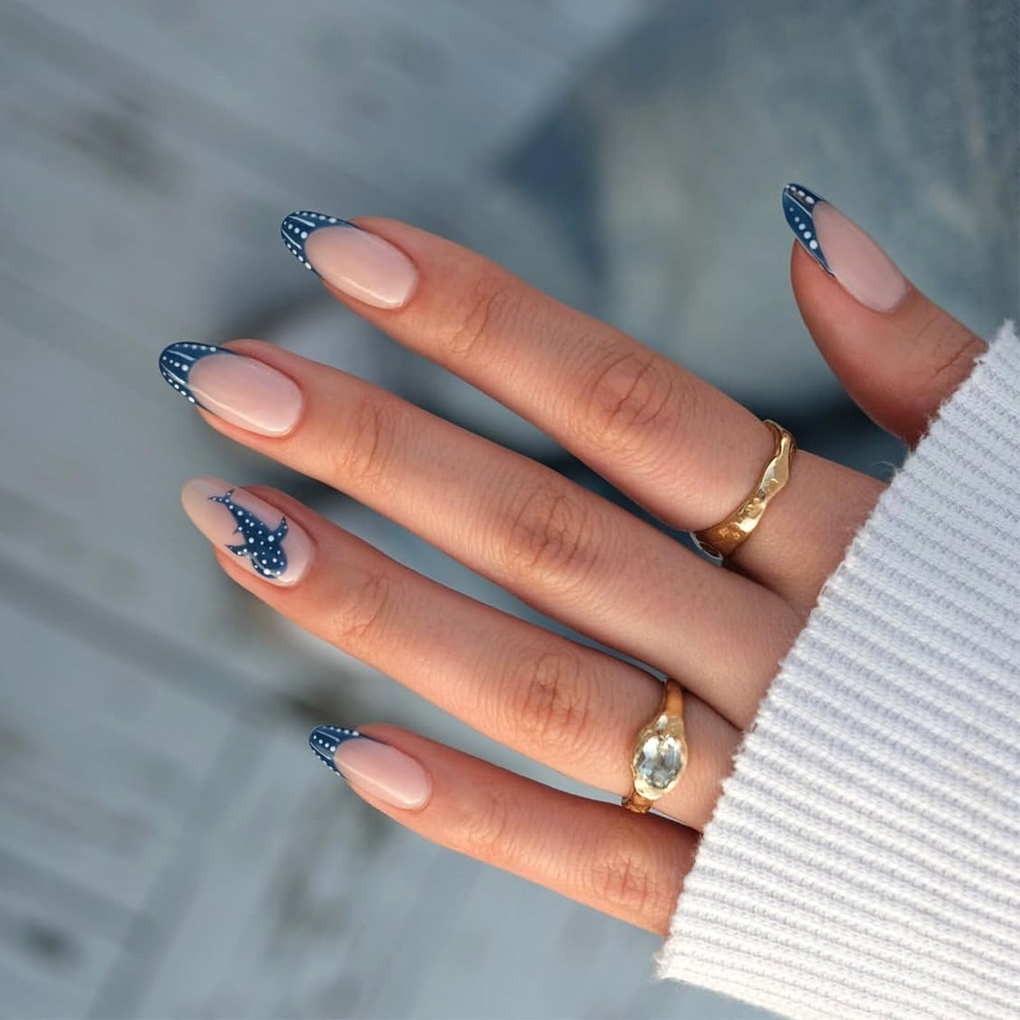 GCSQW Summer Press on Nails Almond, Ocean Whale Shark Fake Nails Polka Dot French Tip Nails Glossy Acrylic Nails Press ons, 30Pcs Reusable Stick on Nails for Women Manicure Vacation Wear