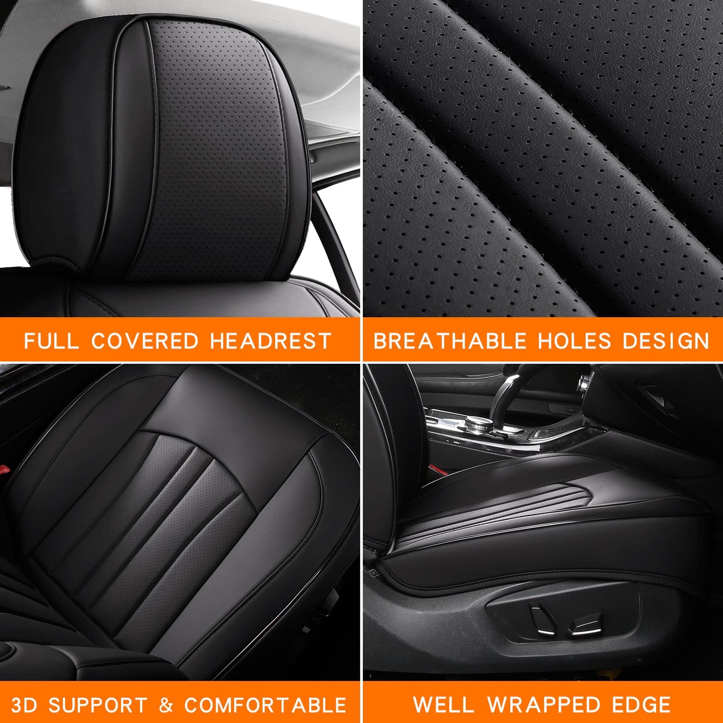 MINGBRON Car Seat Cover Full Set, Leather Car Seat Cover, Waterproof Seat Covers, Car Seat Cushion, Nappa Leather Seat Covers Car Seat Protector Universal Fit Most Cars Black