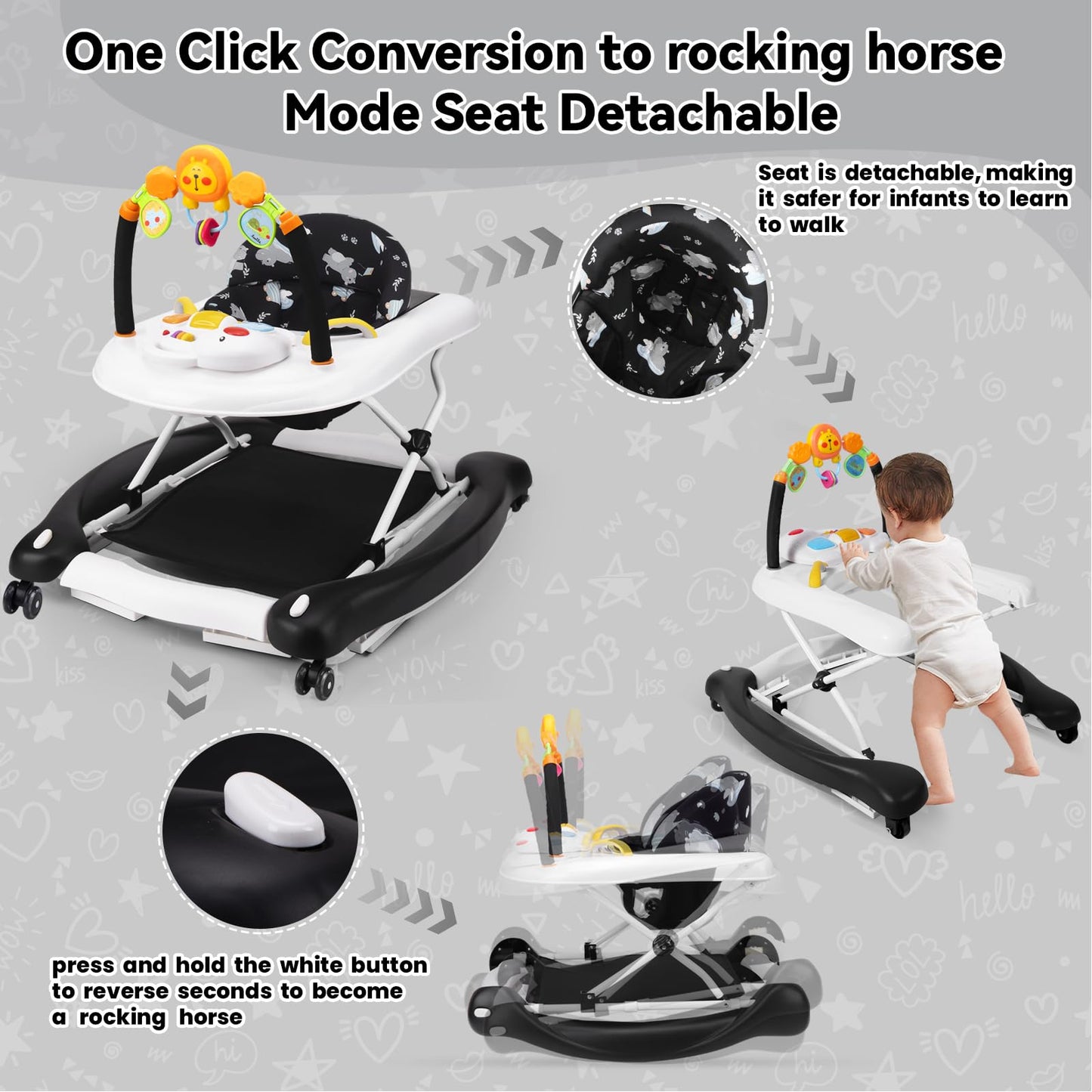 RefoereBabe Baby Walker, 5 in 1 Baby Walkers for Boys Girls 6-12 Months, Foldable Walkers for Babies with Bouncer & Feeding Tray, Music, Adjustable Heights, Activity Walker for Infant