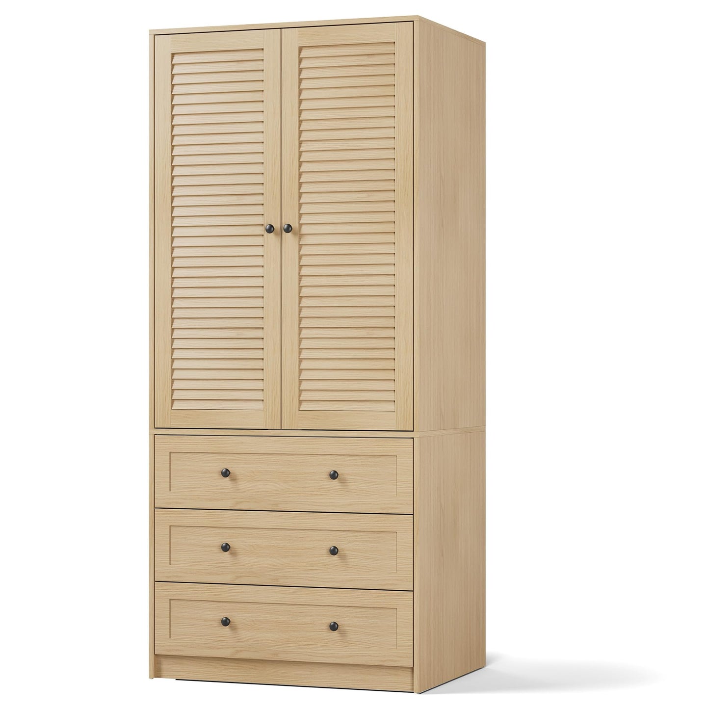 GarveeHome Armoire Wardrobe Closet with Drawers, 69.5 in Wooden Wardrobe Cabinet with Hanging Rod, 2 Doors Clothing Storage Cabinet for Bedroom, Large Capacity Storage, Louvered Door, Natural