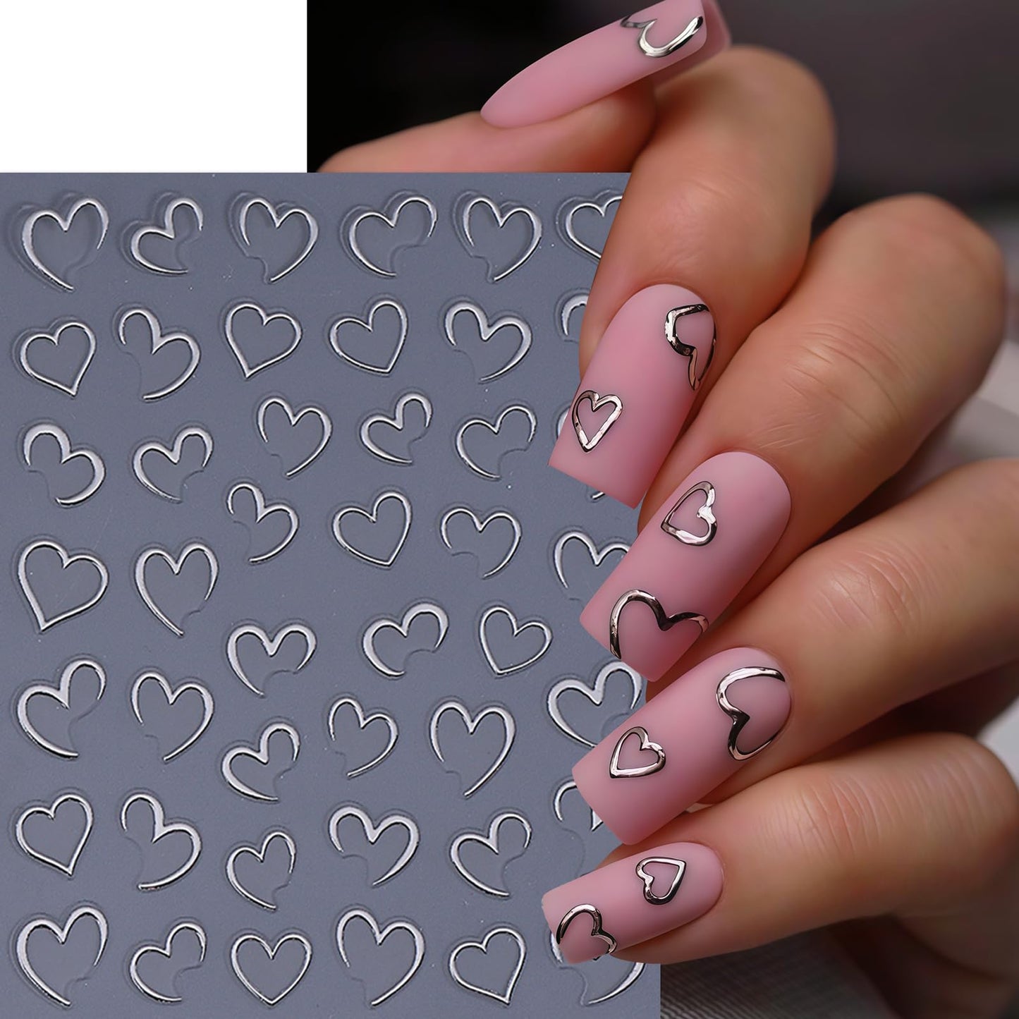 8 Sheets Heart Nail Art Stickers Valentines 3D Self-Adhesive Nail Decals Red Silver Gold Hollow Hearts Nail Design Heart Acrylic Decoration DIY for Women Manicure Supplies Decorations Accessories