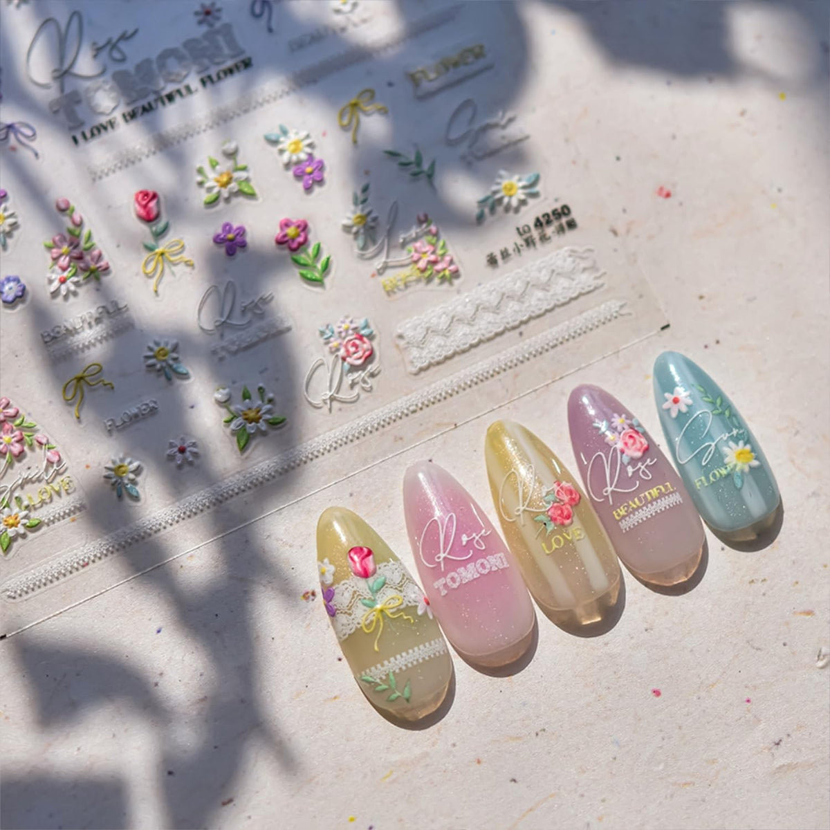 Summer Spring Nail Stickers for Nail Art 5D Self Adhesive Nail Decals Colorful Flower Nail Art Stickers Floral Nails Design Embossed Nail Supplies for Women Girls