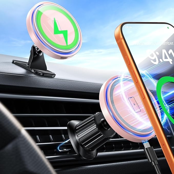Magnetic Wireless Car Charger Mount, 15W Fast Charging Car Phone Holer for iPhone 17 16 15 14 13 12 Pro Max N52 Magnets,360Â°Rotation Dashboard/Vent Phone Holder for Women,Compatible with Mag Safe Case