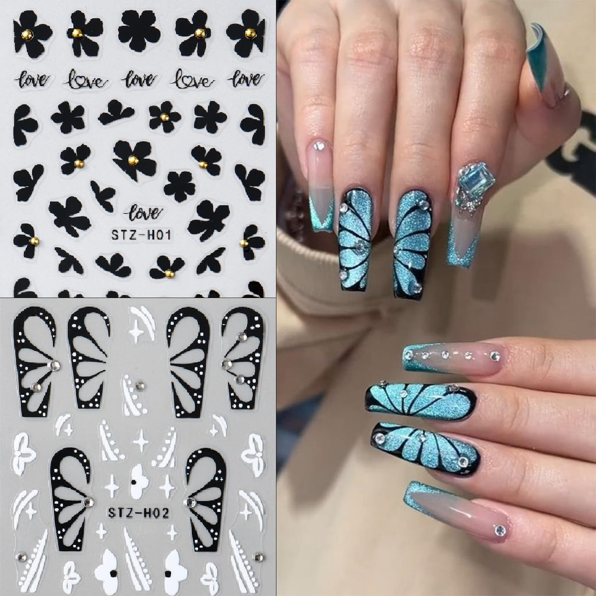 Butterfly Nail Stickers - 5D Rhinestone Butterfly Nail Decals Black Flowers with Gold Pearls Nail Designs Self-Adhesive Nail Art Supplies Women's Nail Art