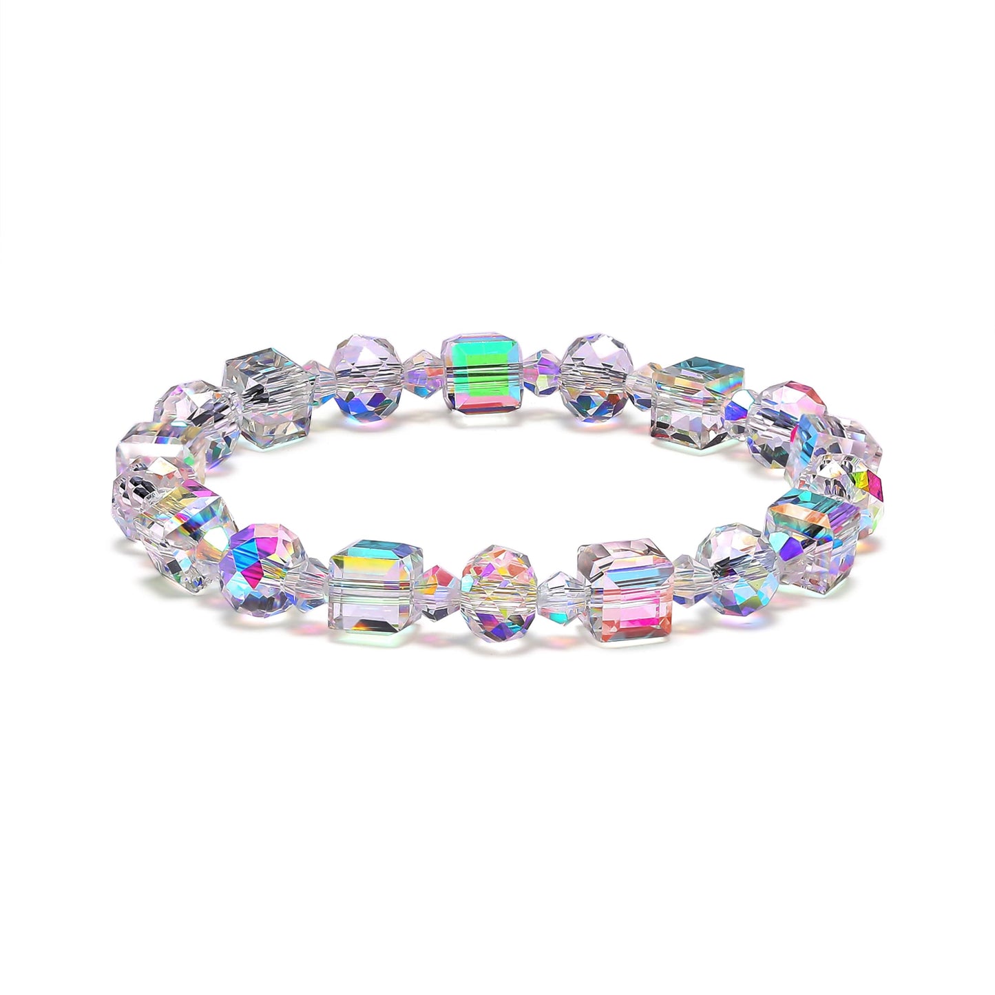 HANGINTHERE Aurora Crystal Bracelet for Women ,7 Inch Stretchy Iridescent Bracelet with 8mm Aurora Borealis Beads,Gift for Girlfriend Best Friends Mom Wife, Birthday Valentine‘s Present with Velvet Pouch