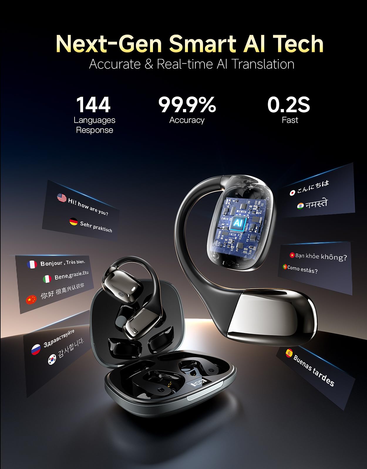 AI Translation Earbuds Real Time Interpretation– 144 Language Translator Device No Subscription, Pocket-Sized Wireless Bluetooth Translator Headphones for International Conferences, Trade Show& Travel