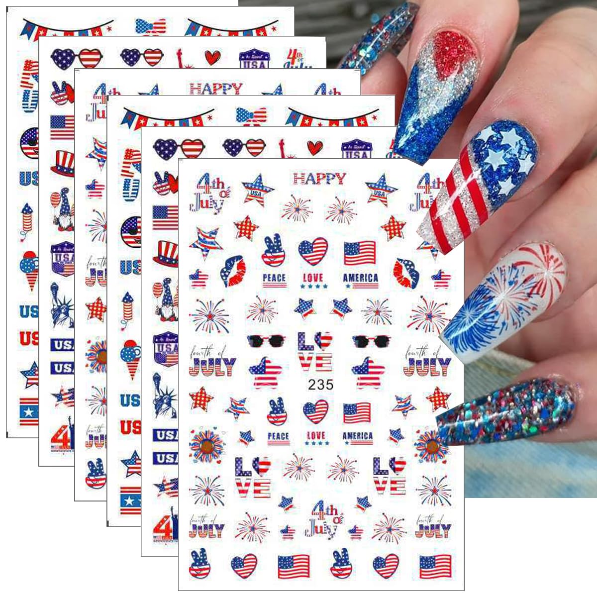 6Pcs/Celebrate 4th of July Nail Stickers for Nail Art Set - Independence Day Fireworks USA America UK Flags Adhesive Nail Art Sticker Decals DIY Patriotic Manicure Sliders Decorations Supplies