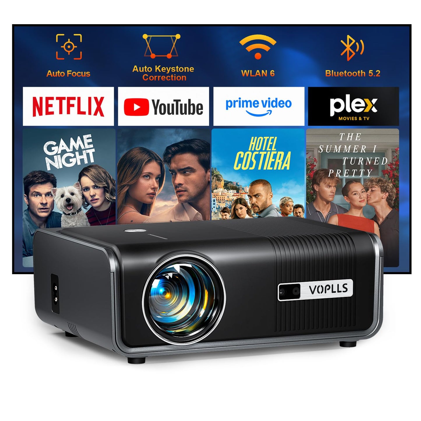 【Officially-Licensed APP & 800 ANSI】Smart Projector with WiFi and Bluetooth 4K Support, VOPLLS Auto Focus/ Keystone Outdoor Portable Movie Phone Video Proyector for Bedroom/Home/Wall/Celling