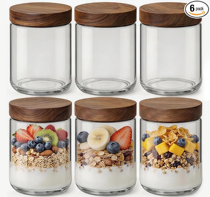 16oz 6 Pack Overnight Oats Containers with Lids, Glass Mason Jars with Acacia Wood Airtight Lids, Wide Mouth Meal Prep Storage Jars for Yogurt, Chia Pudding, Salad, Parfait, Snacks, Spice