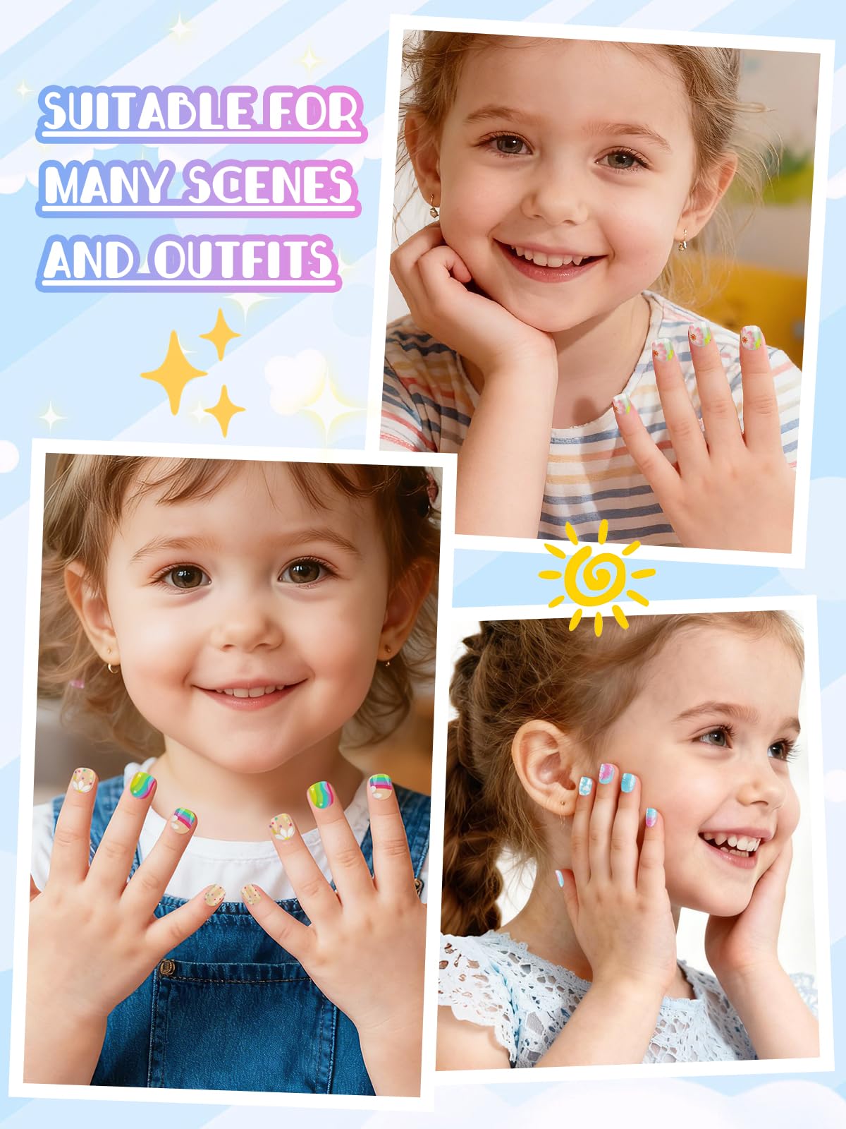 72 Pieces Press on Nails Kids, EBANKU Girls Fake Artificial False Nail Tips Pre Adhesive Pads Full Cover Press on Nails for Girls Nail DIY