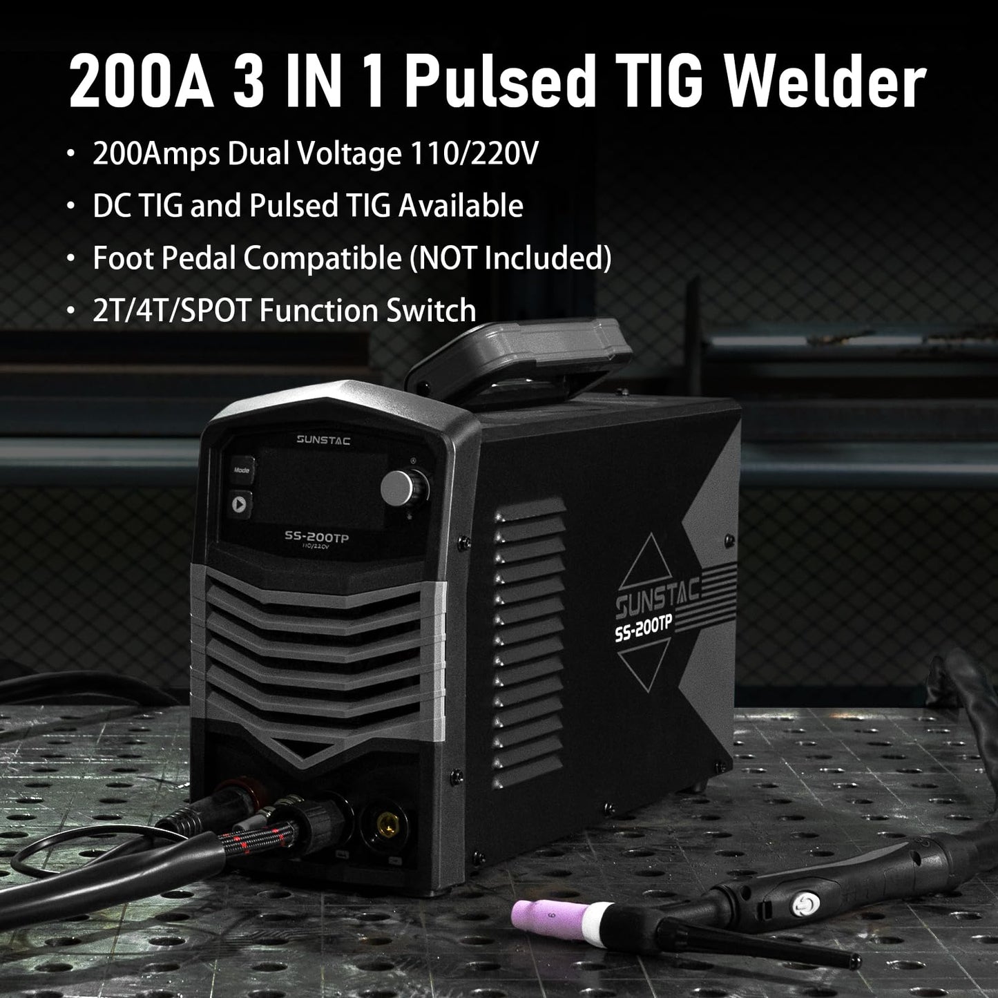 Sunstac 200A TIG Welder with Pulse, 110V/220V Dual Voltage, 3 in 1 DC TIG/Pulse TIG/SPOT TIG/Stick Welding Machine, Digital Screen Display, Over Loading Protection