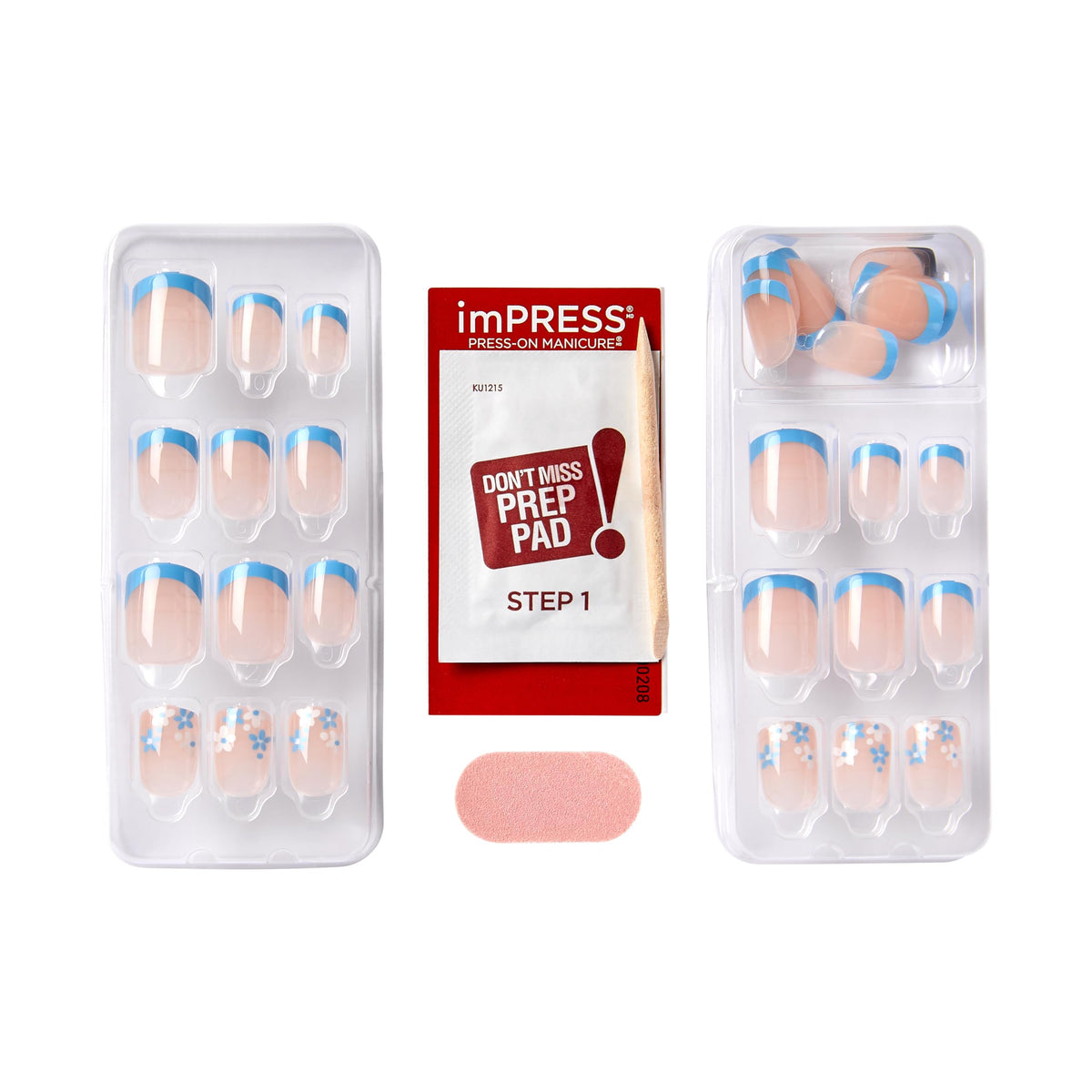 Kiss Impress No Glue Mani Press On Nails, French, 'Snooze', Blue, Short Size, Squoval Shape, Includes 30 Nails, Prep Pad, Instructions Sheet, 1 Manicure Stick, 1 Mini File