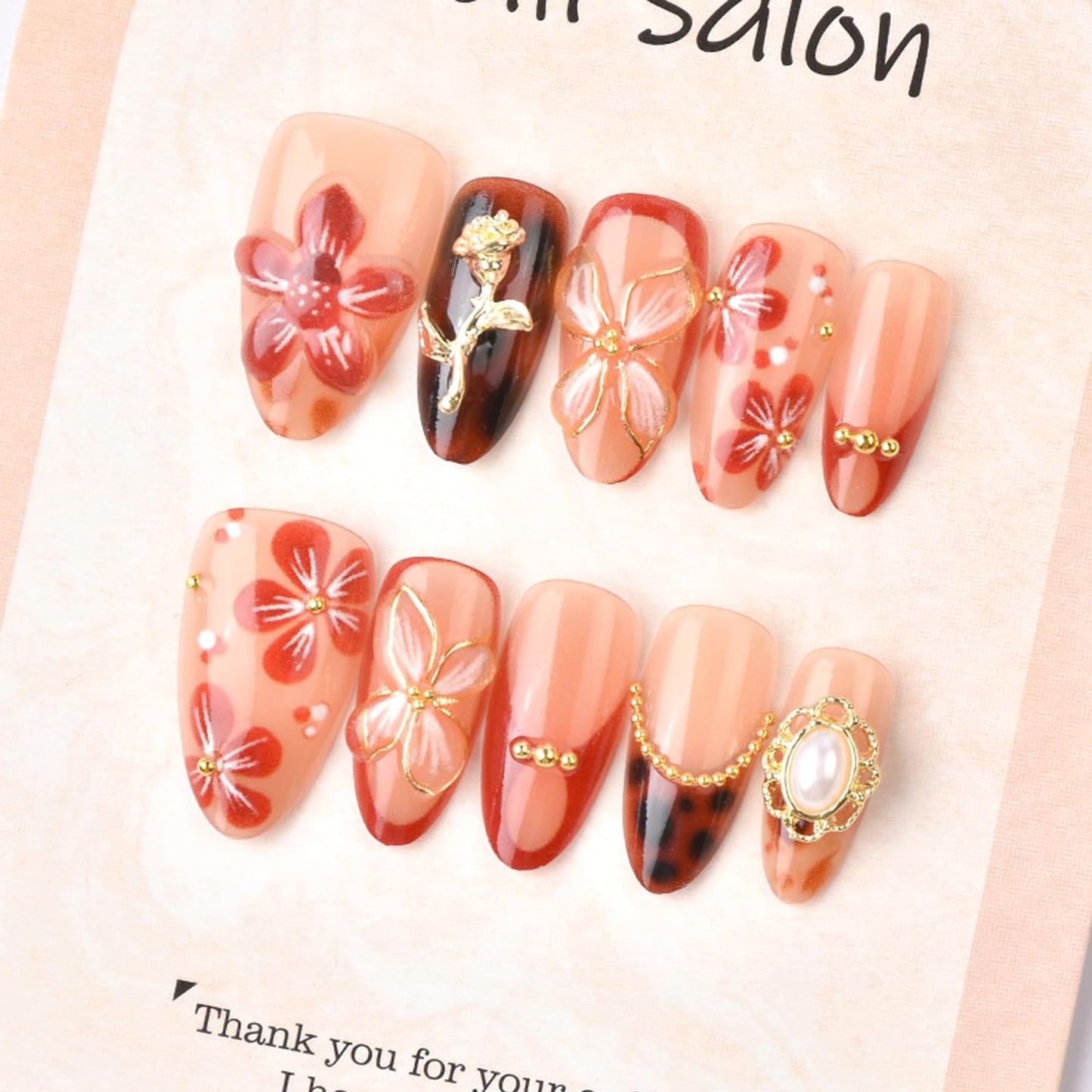 30Pcs Leopard French Tip Press on Nails Medium Almond Fake Nails with 3D Flower & Gems Design Valentine False Nails Rose Flowers Stick on Nails Glossy Fall Winter Floral Acrylic Glue on Nail for Women