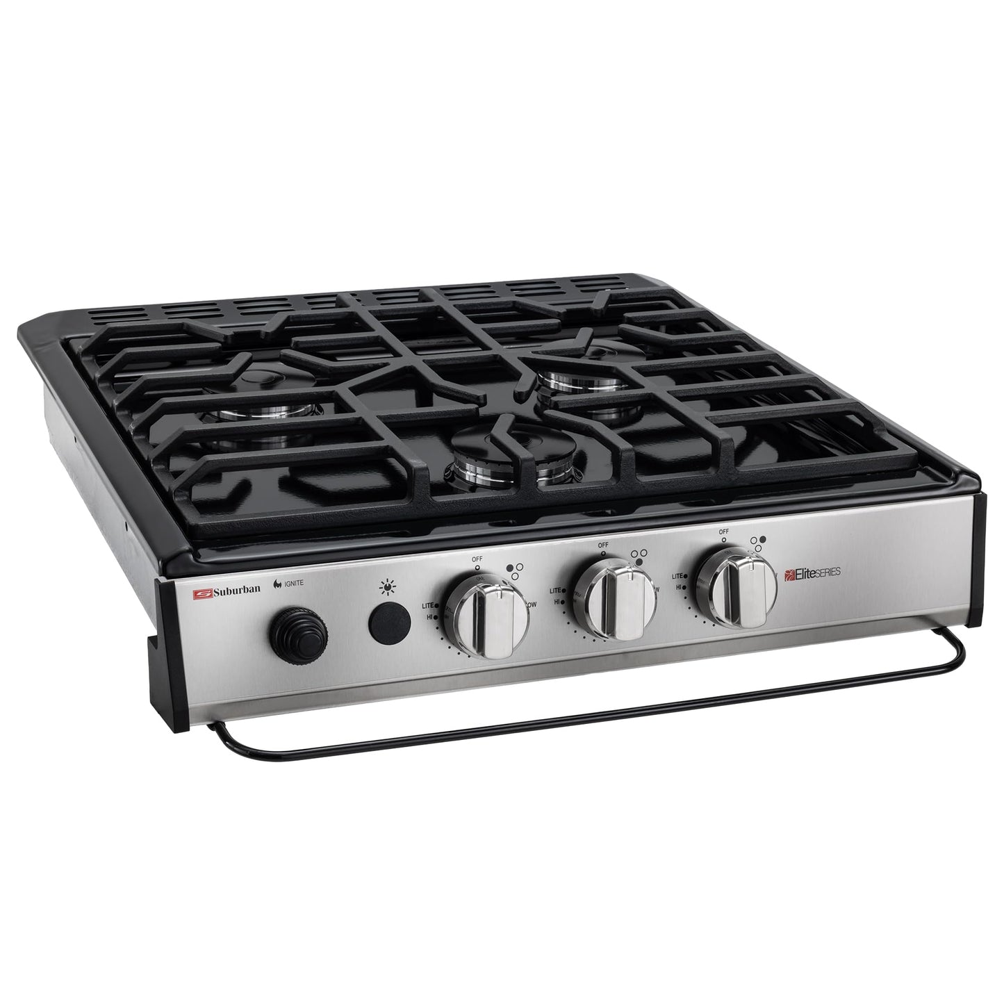 RecPro Suburban RV 3 Burner Propane Gas Cooktop | Slide-In Black Triple Burner Stove | 9000 BTU Front Burner, Dual 6500 BTU Rear Burners | Piezo Ignition | 12V DC