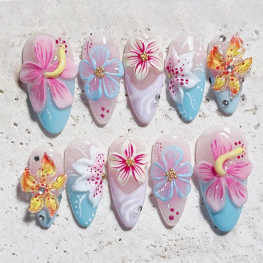 24Pcs 3D Flower Press on Nails Medium Almond French Tip Fake Nails Tropical Floral False Nails with Rhinestones Pink Blue Gradient Acrylic Nails Reusable Full Cover Stick on Nails for Women Manicure