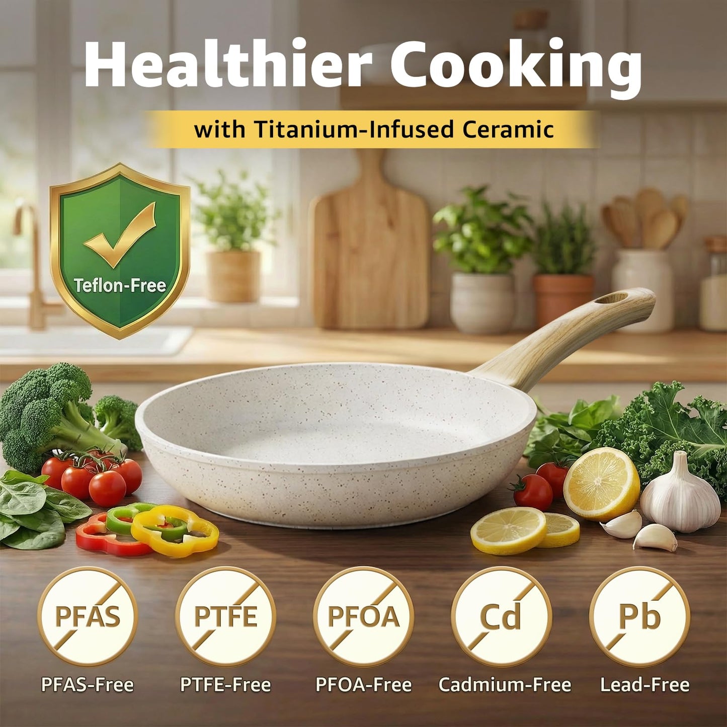 25Pcs Pots and Pans Set Non Stick, Ceramic Cookware with Titanium-Reinforced Nonstick Coating, PFAS-Free & Induction Ready, Long-Lasting Performance, Full Kitchen Set with 3 Casseroles