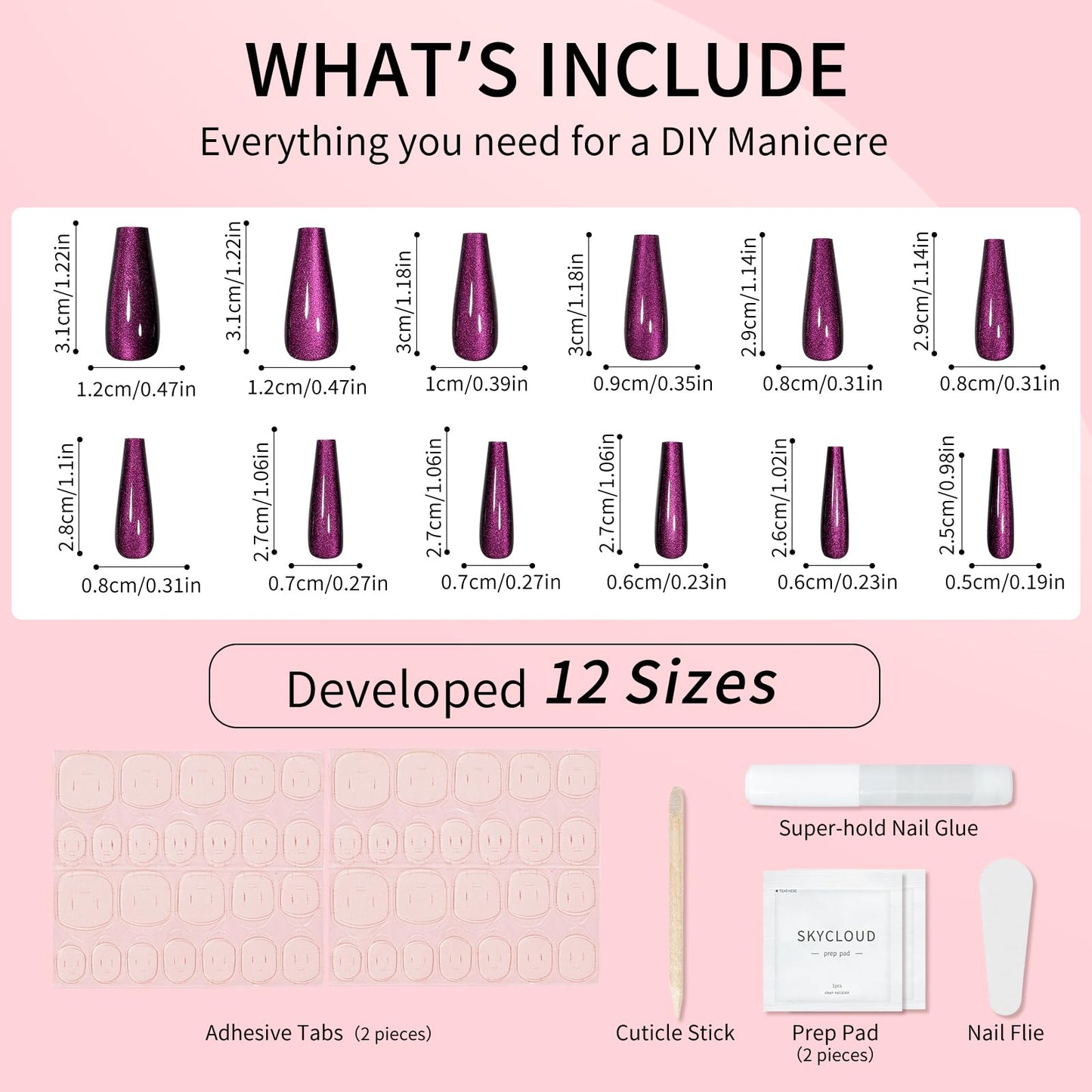 Dark Purple Cat Eyes Press On Nails,12 Sizes - 24 Pcs Soft Gel Purple Long Coffin Fake Nails Kit with Nail Glue, Natural Reusable Stick On False Nails for Women and Girls SK1045