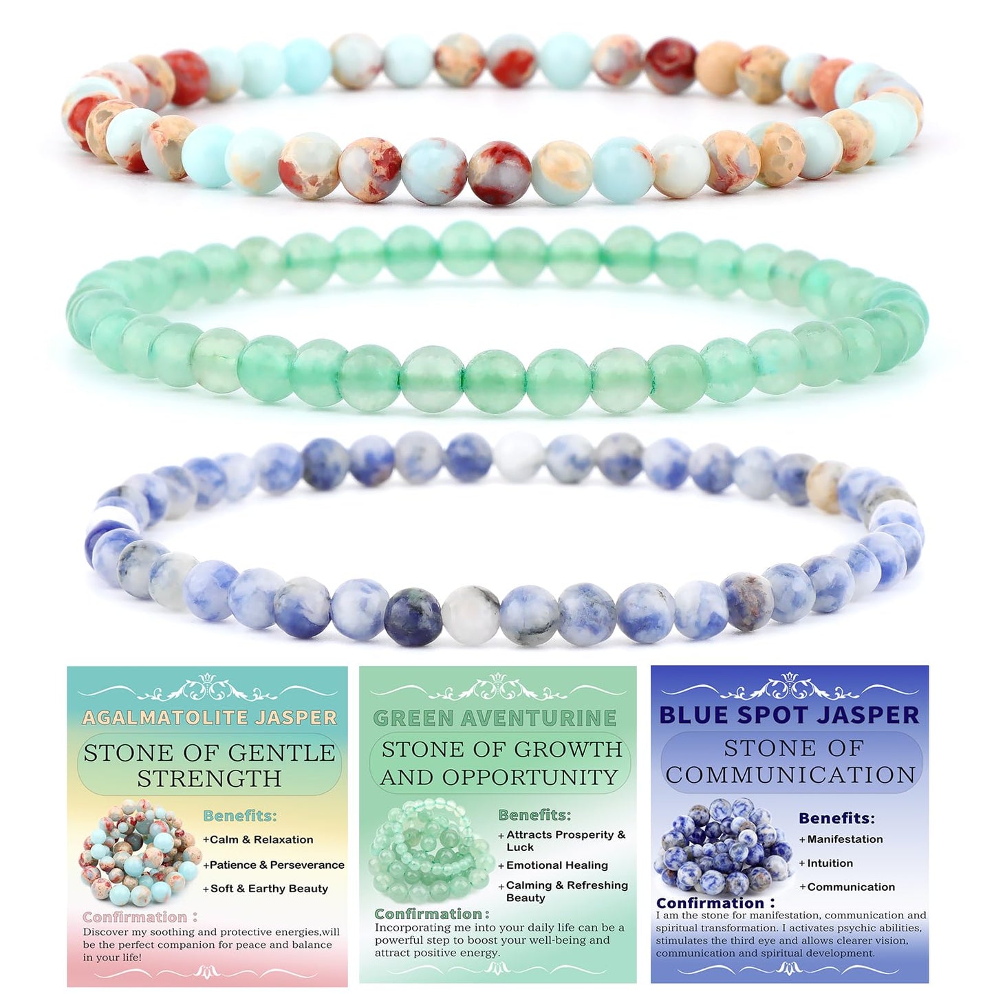 NCB 3-Piece 4mm Natural Crystal Gemstone Stretch Bracelets – ﻿Agalmatolite Jasper, Blue Spot, Green Aventurine Handmade Reiki Energy Healing Jewelry for Meditation,Yoga, Unisex