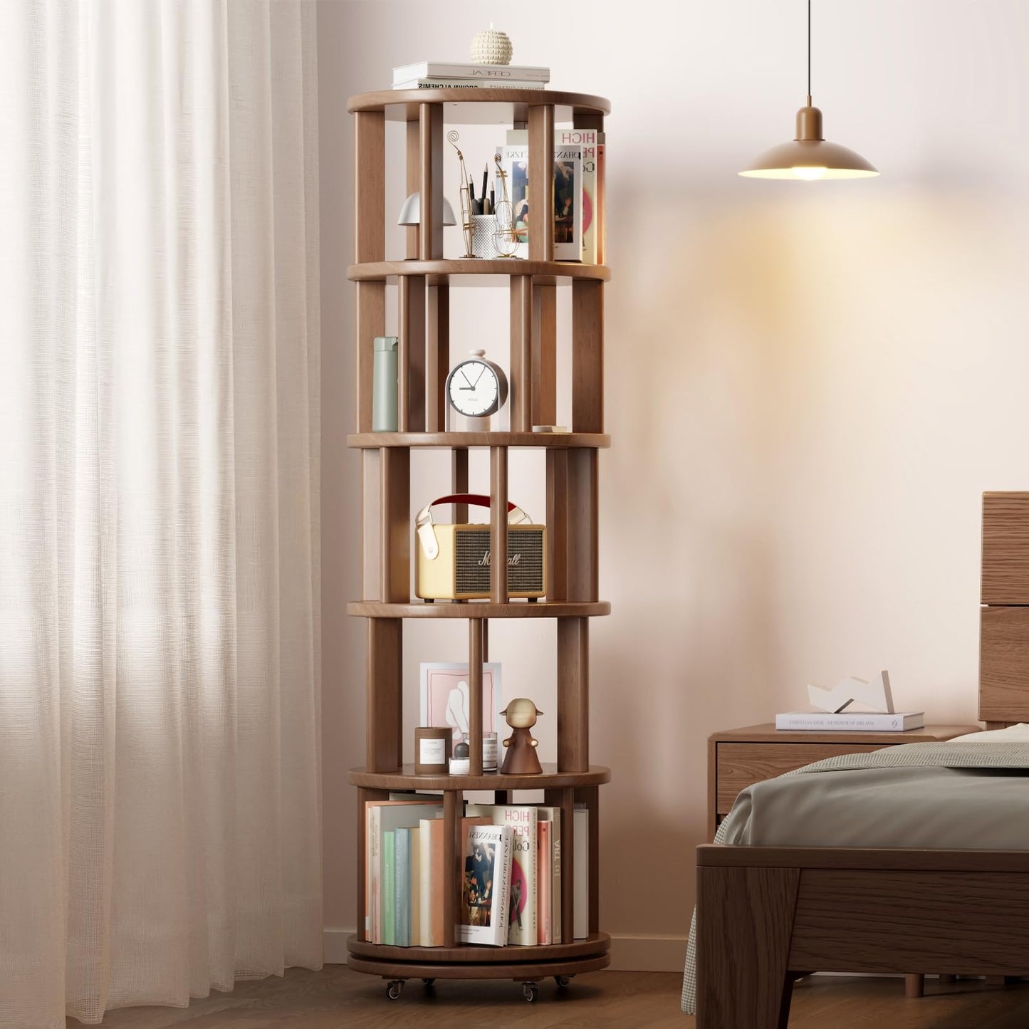 Muwuele Solid Wood Rotating Bookshelf on Wheels, 5 Tier, Round Revolving Bookcase, 360° Spinning Book Shelf Tower for Kids, Narrow Rolling Bookshelves for Small Space, Corner, Bedroom, Office, Walnut