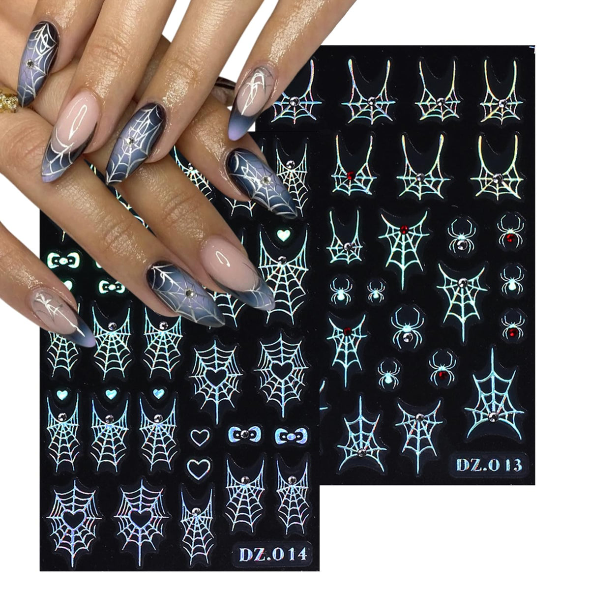 4 Sheets 5D Embossed Halloween Nail Art Stickers Self-Adhesive French Tip Spider Web Nail Decals Laser Gold Silver Rhinestones Spider Nail Designs Stickers Holiday Nails Decoration for Women DIY