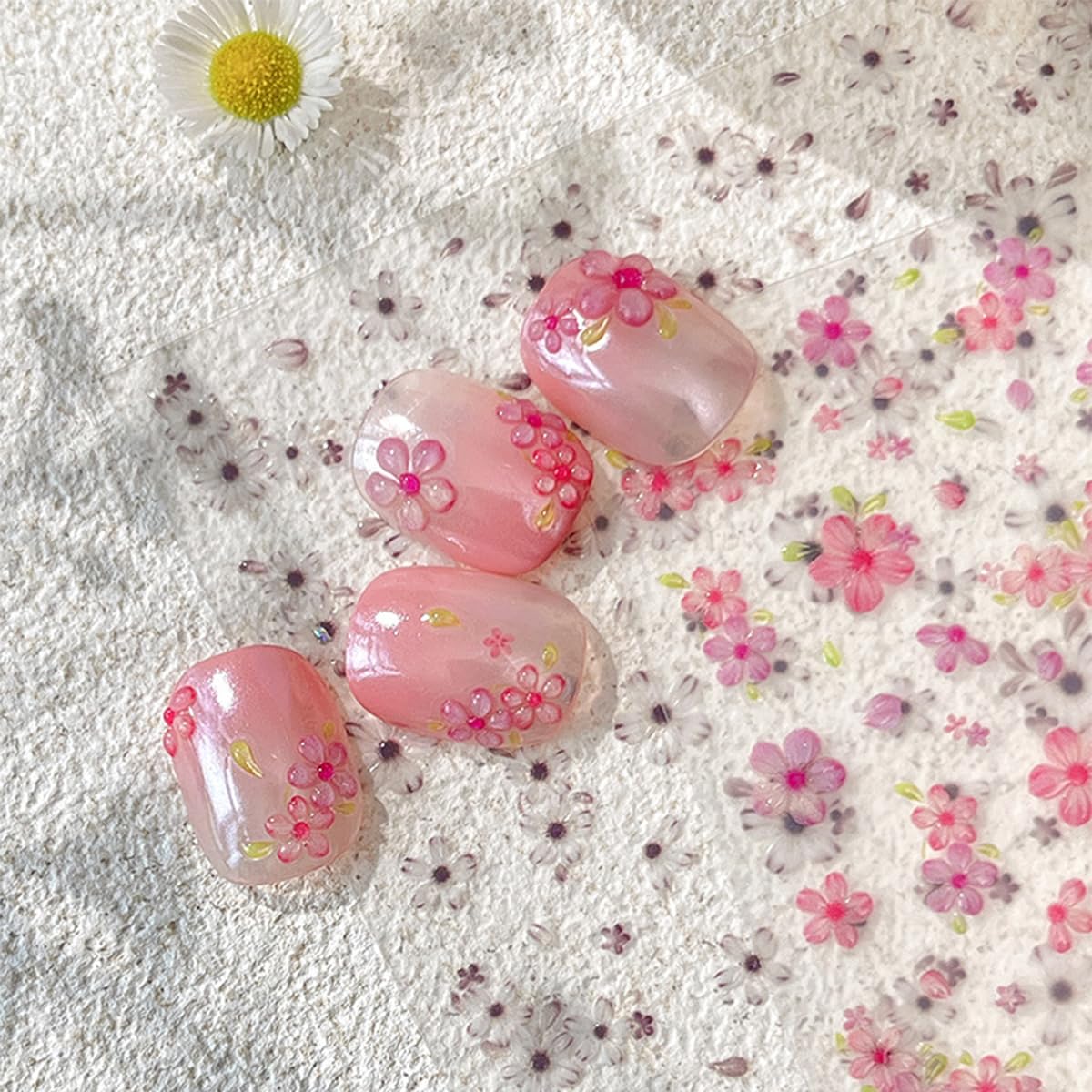 1 Sheet Pink Flower Nail Art Stickers Decals 5D Embossed Cherry Blossom Nail Stickers Exquisite Self-Adhesive Floral Nail Decals Spring Nail Art Design Stickers Supply for Women Acrylic Manicure