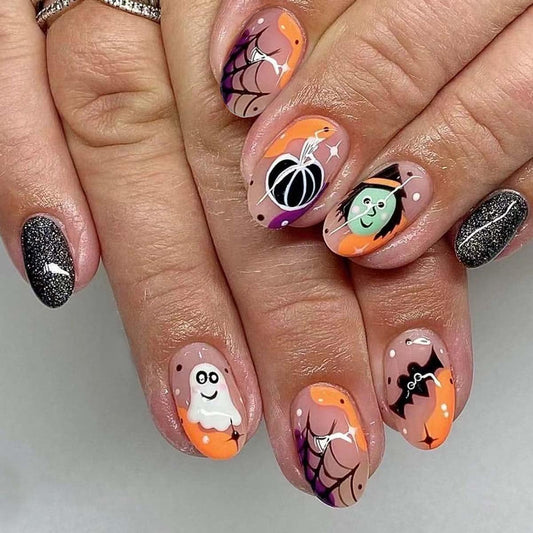 Short Oval Press on Nails Halloween Motifs Fake Nails with Ghost,Spider Web,Pumpkin Design,Full Cover Stick on Nails for Women Manicure,Reusable | Artificial | Nail Sticky Tabs | Easy Apply | 24Pcs