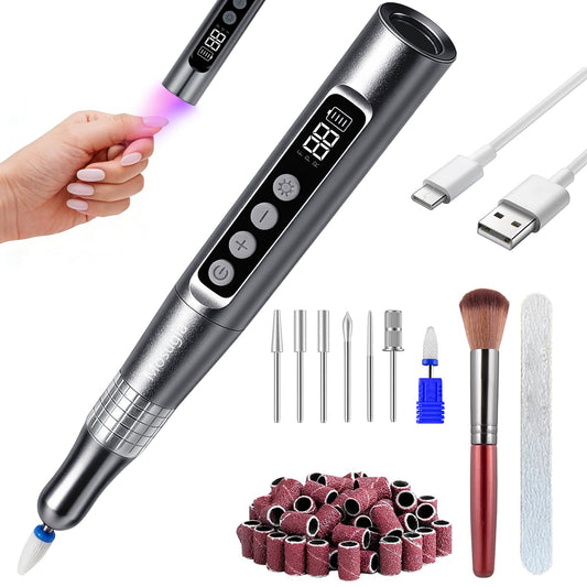 Mosugia 35000RPM Cordless Nail Drill Electric File Professional Kit Portable Rechargeable 2 in 1 Nail Drill/UV Lamp for Acrylic Gel Nails Low Noise Nail Tools for Home Use, Nail Salon, Gray