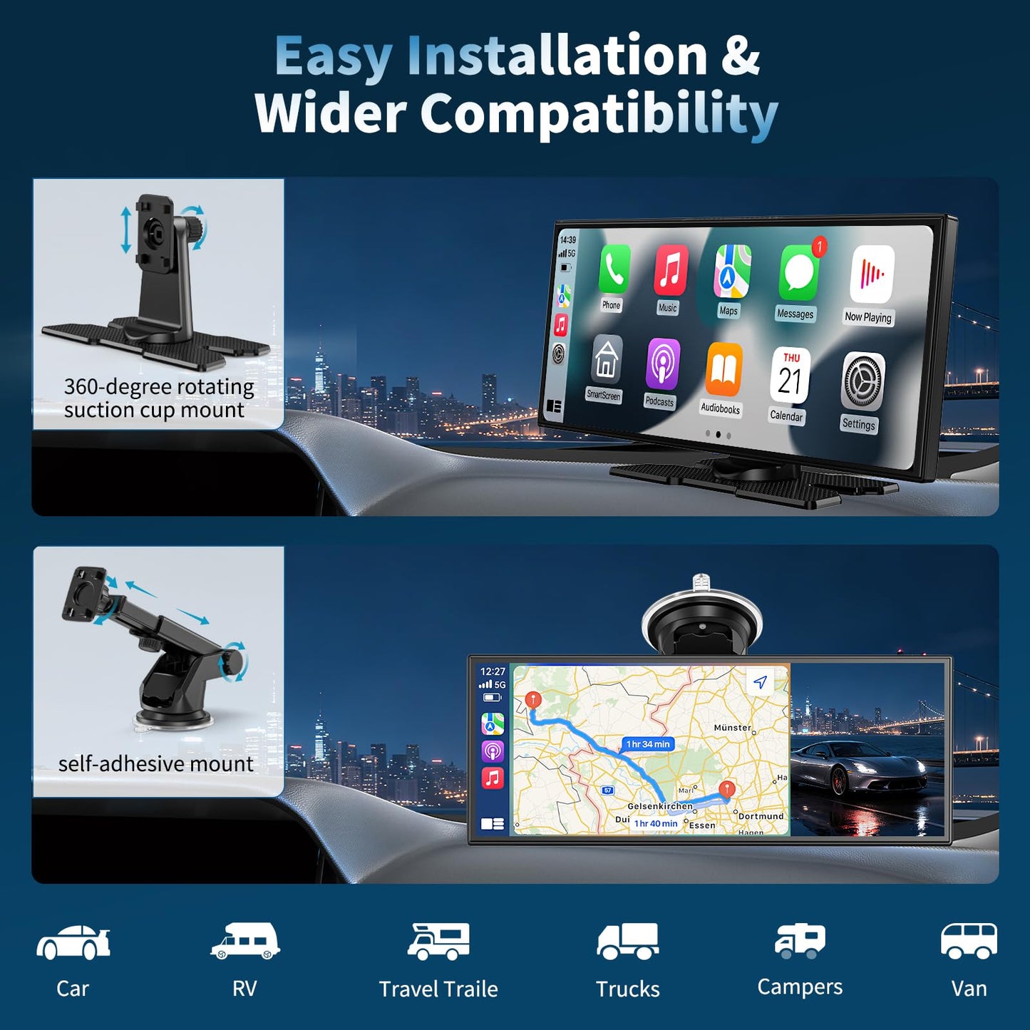 Largest 11.5'' Carplay Screen for Car, Wireless A-pple Carplay & Android Auto Car Stereo Touchscreen with 4K Dash Cam and 1080P Backup Camera,Voice Control/GPS Navigation/Mirror Link/Bluetooth/AUX/FM