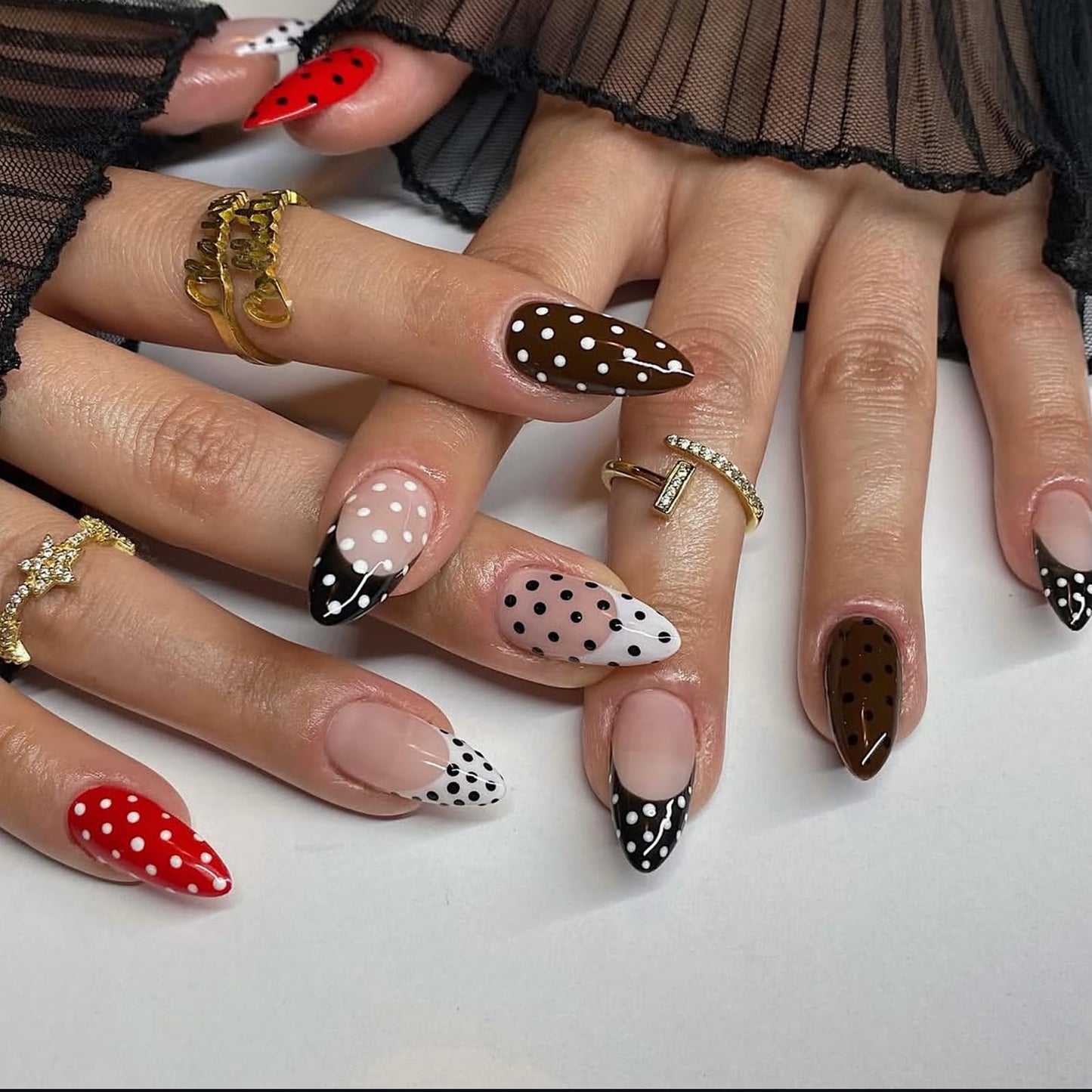 IMSOHOT Polka Dot Press on Nails Almond Medium Fake Nails Red Black French Tip False Nails Full Cover Y2K DIY Artificial Glossy Glue on Nails for Women Girls 24Pcs