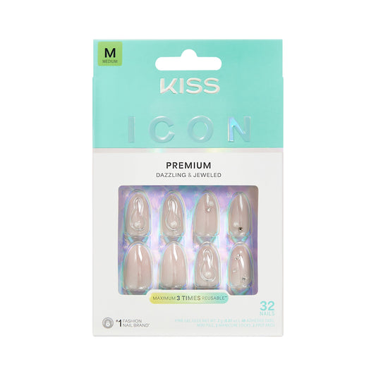 Kiss Icon, Press On Nails, Nail glue included, 'Terrific', White, Medium Size, Almond Shape, Includes 32 Nails, 2g Glue, 2 Manicure Stick, 1 Mini File, 2 Prep Pads, 48 Adhesive tabs