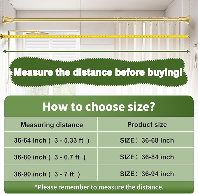 YNL Gold Shower Curtain Rod 36-68 Inch(3-5.67ft), No Slip No Drill Stainless Steel Spring Tension Curtain Rod, No Rust Shower Rod Adjustable For Bathroom closet