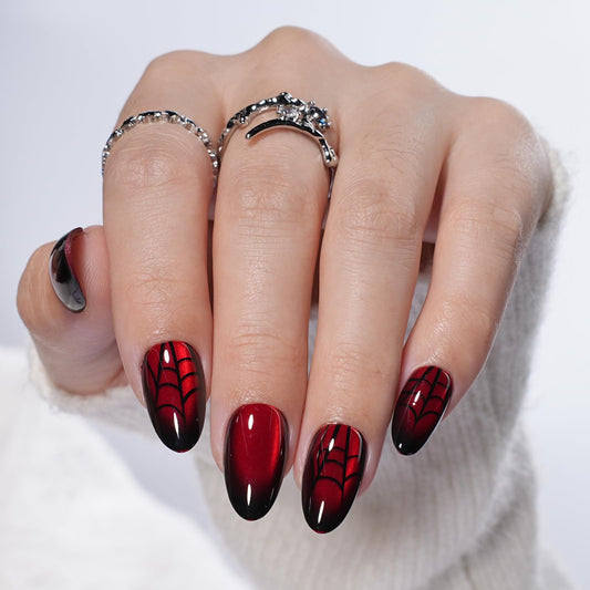 Sifvoo Red Spider Web Cat Eye Press On Nails Short Almond, Glossy Reusable Press On Nails for Women, 32 Count 16 Sizes Nail Kit with Glue (SV-10)