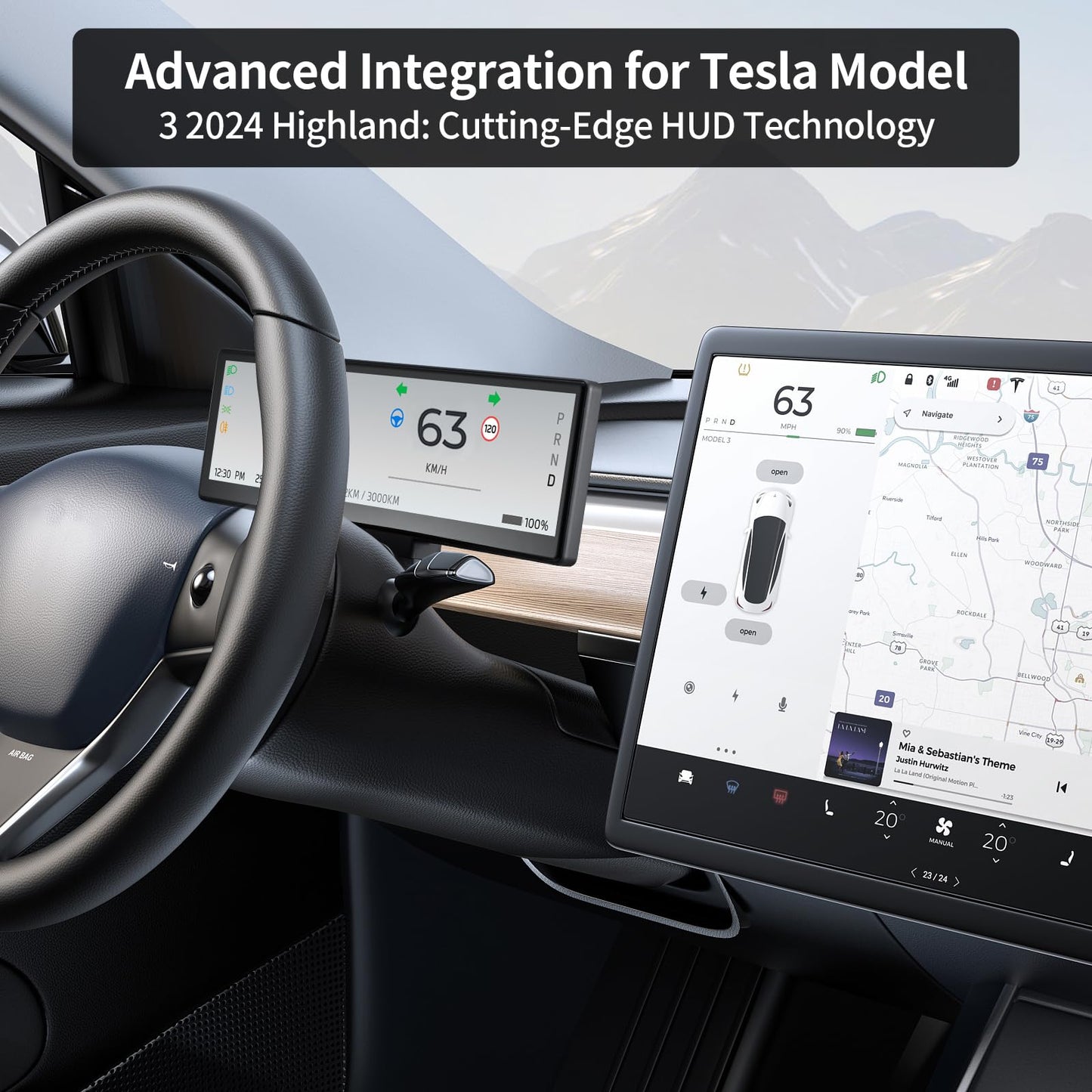 8.8” Ultra-Thin Head Up Display for Tesla 2024 Highland Model 3 with Front Camera, Wireless/Wired CarPlay & Android Auto,Spot Blind Warning,No AC Vent Block,Auto-Pilot,OTA Update